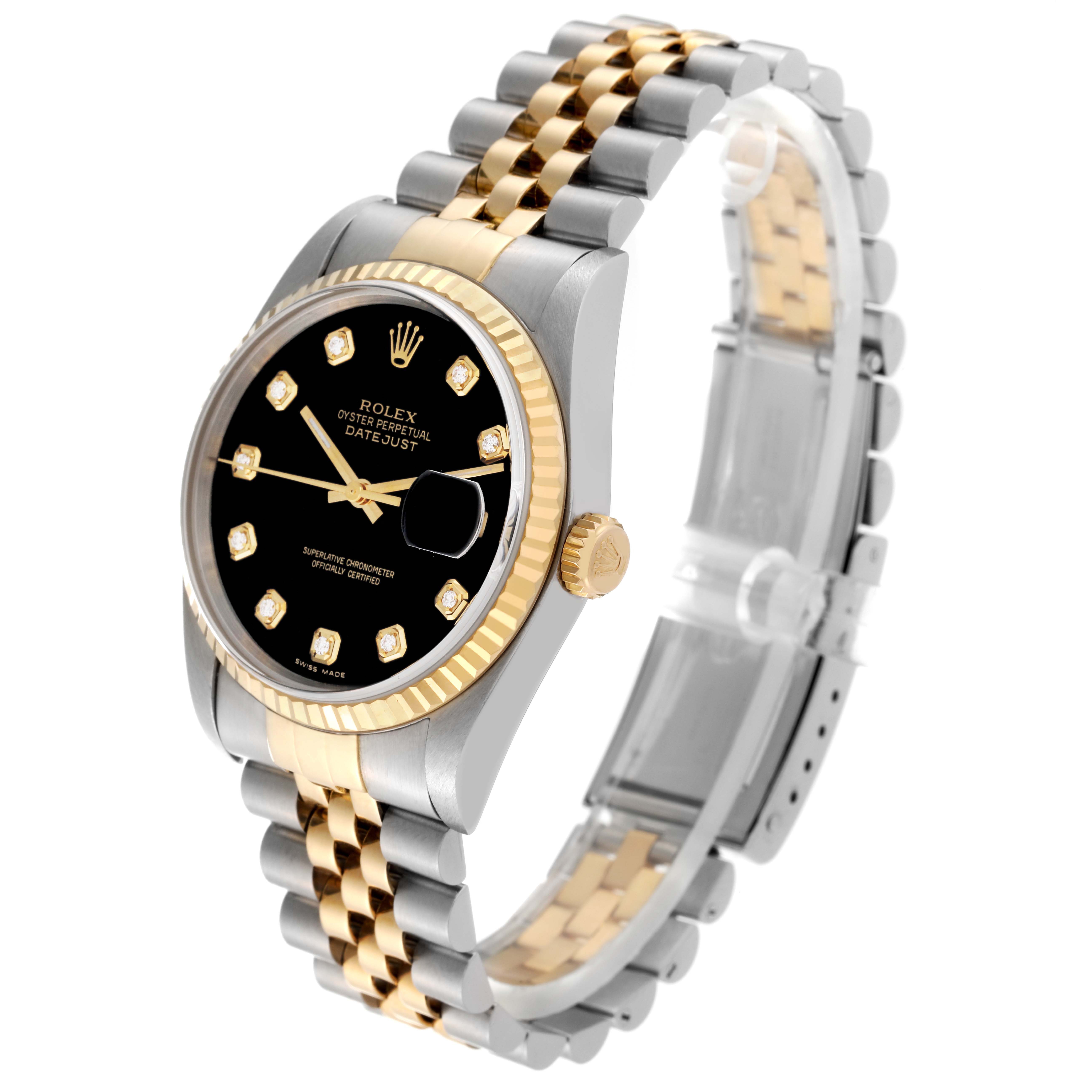 The Rolex Datejust 16233 Men's Steel and Gold (two tone) Black Dial 16233 Men's Steel and Gold (two tone) Black Dial watch is shown at an angle displaying the face, bezel, case, bracelet, and crown.