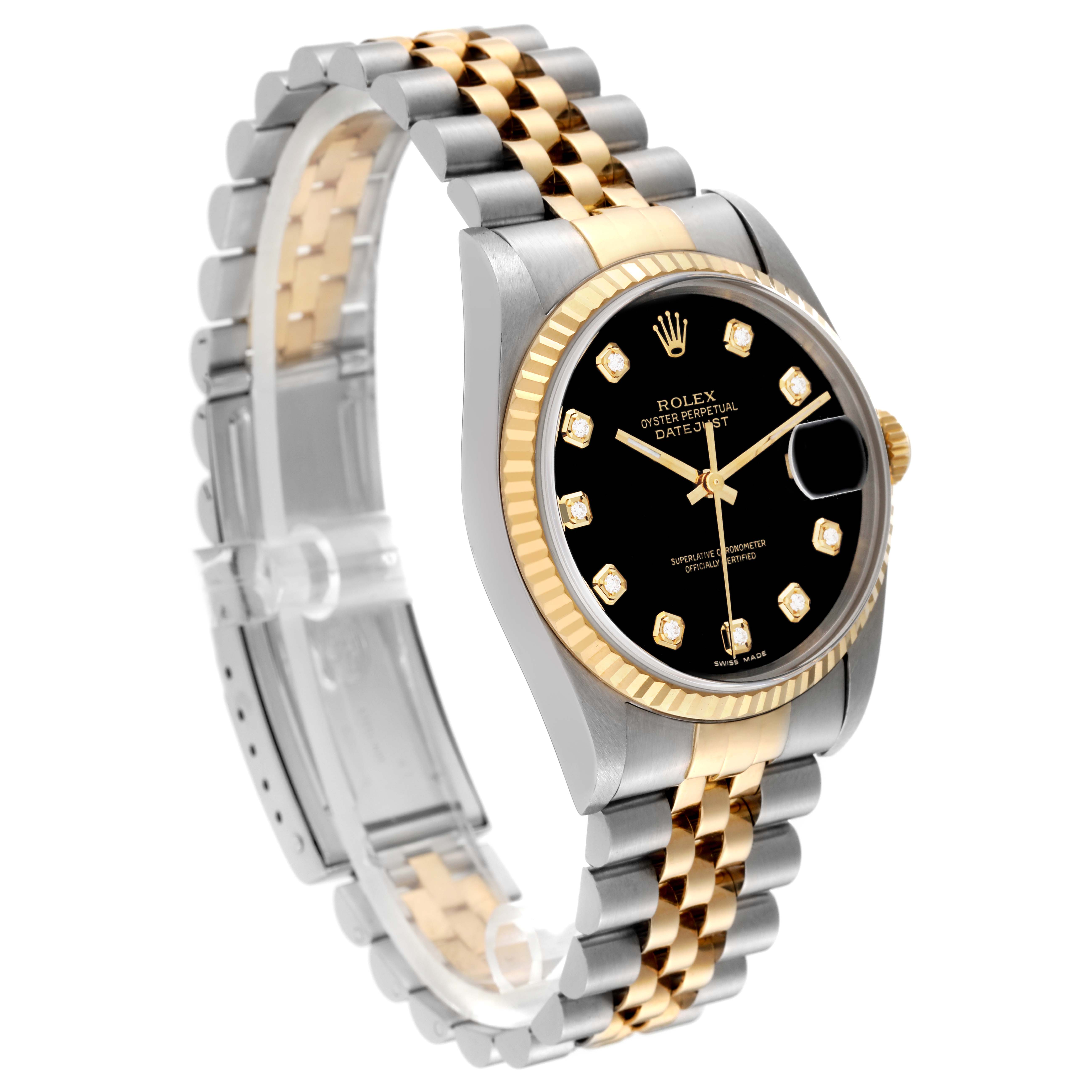 The Rolex Datejust 16233 Men's Steel and Gold (two tone) Black Dial 16233 Men's Steel and Gold (two tone) Black Dial watch is shown at a slight angle, displaying its face, bezel, and two-tone bracelet.