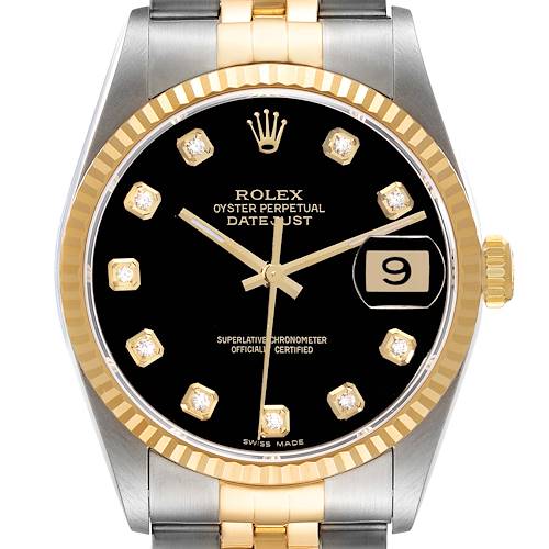 The image shows a frontal view of a Rolex Datejust watch, highlighting its dial, bezel, hands, and date window.