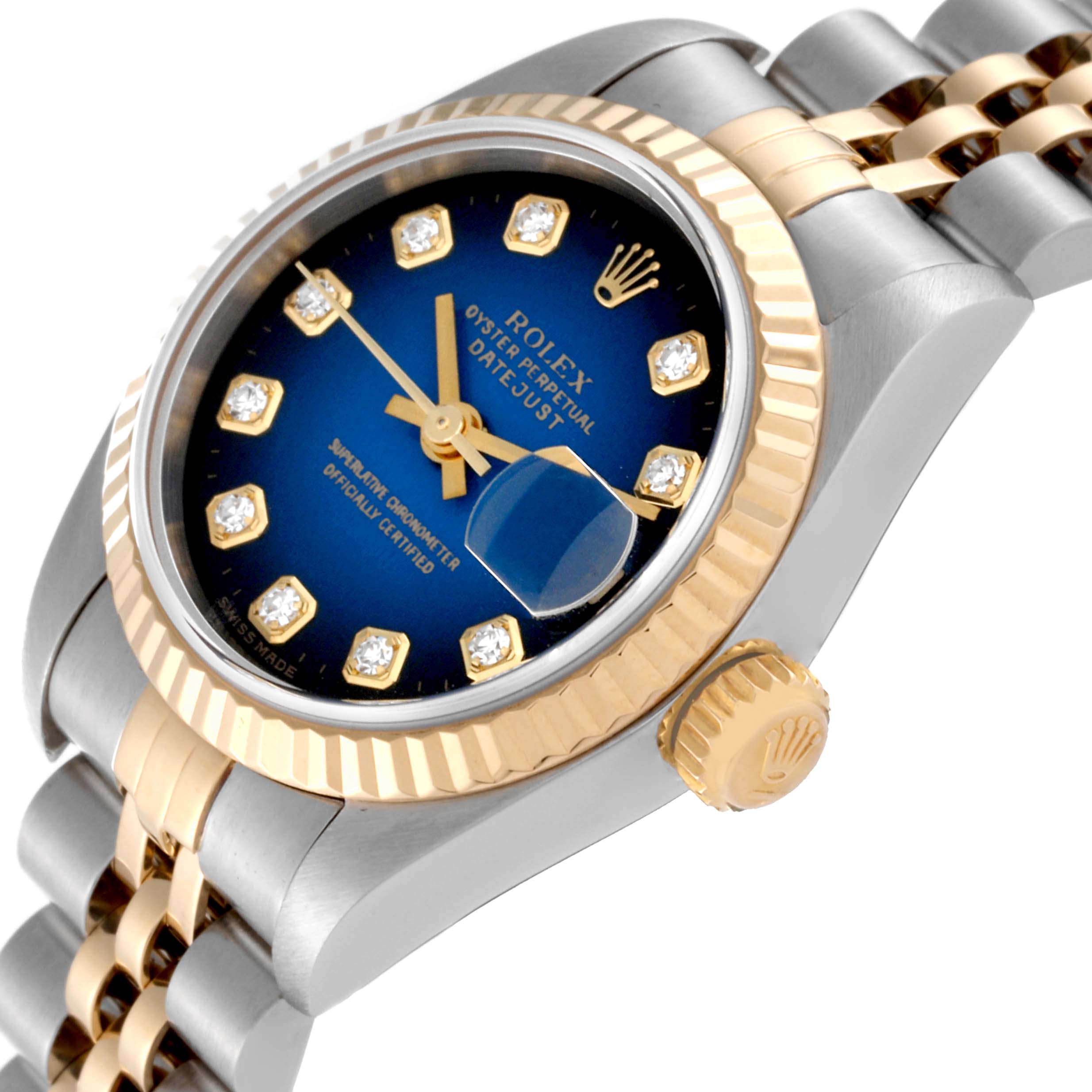 The image shows a close-up angled view of a Rolex Datejust 79173 Women's Steel and Gold (two tone) Blue Dial 79173 Women's Steel and Gold (two tone) Blue Dial watch, highlighting its dial, bezel, crown, and part of the bracelet.