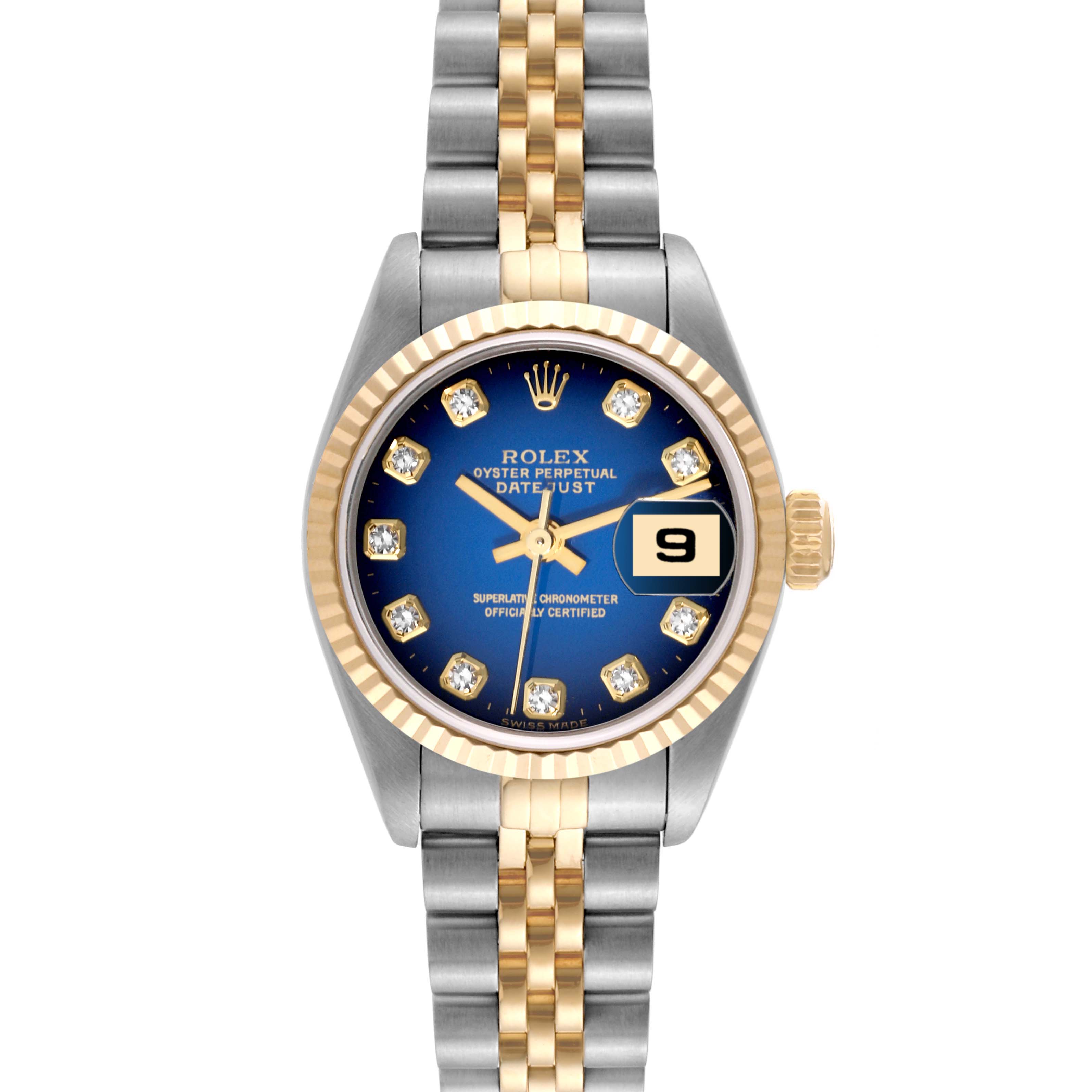 The image shows a frontal view of a Rolex Datejust 79173 Women's Steel and Gold (two tone) Blue Dial 79173 Women's Steel and Gold (two tone) Blue Dial watch, highlighting the blue dial, date display, and two-tone bracelet.
