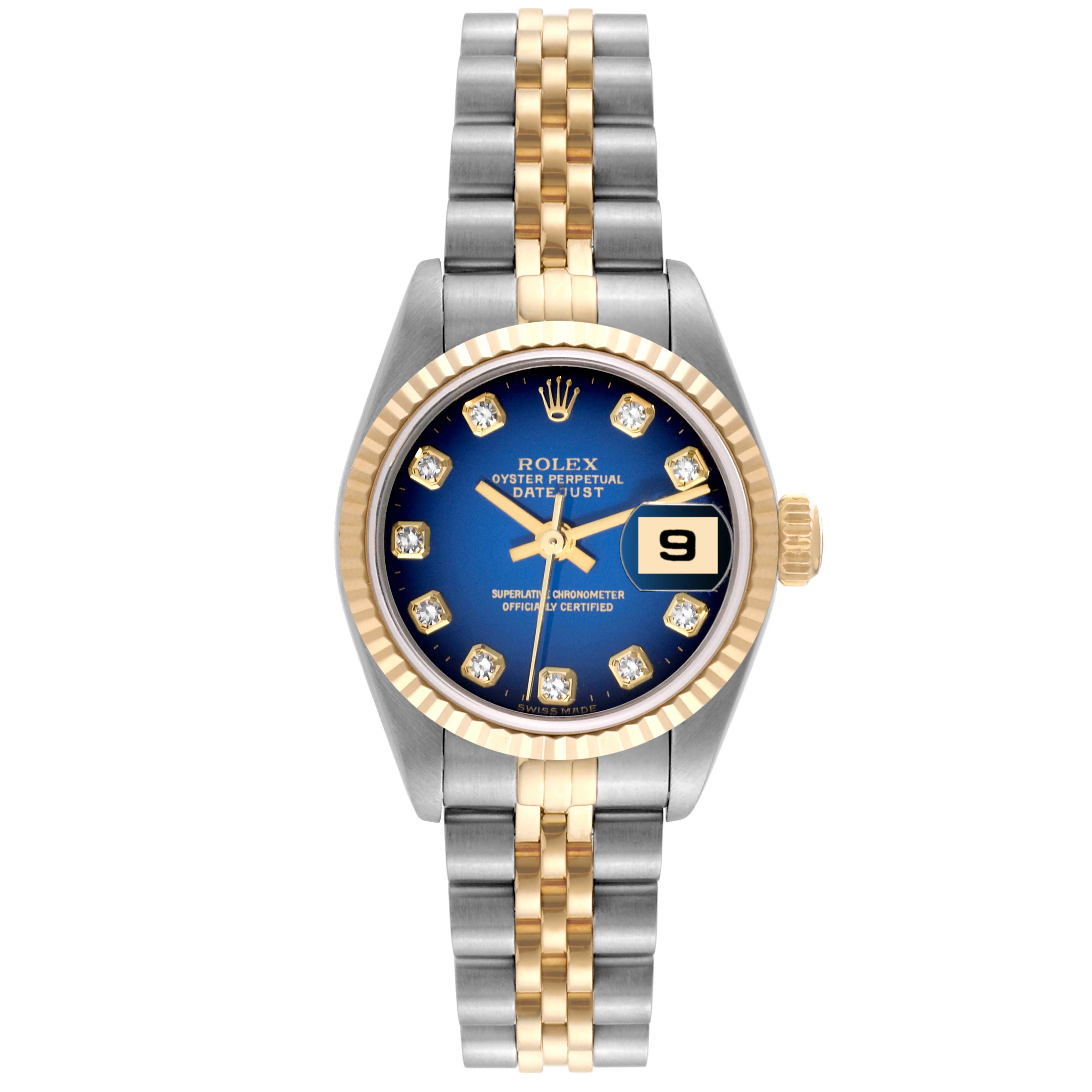 The image shows a Rolex Datejust 79173 Women's Steel and Gold (two tone) Blue Dial 79173 Women's Steel and Gold (two tone) Blue Dial watch from a front angle, displaying the dial, bezel, bracelet, and date window.