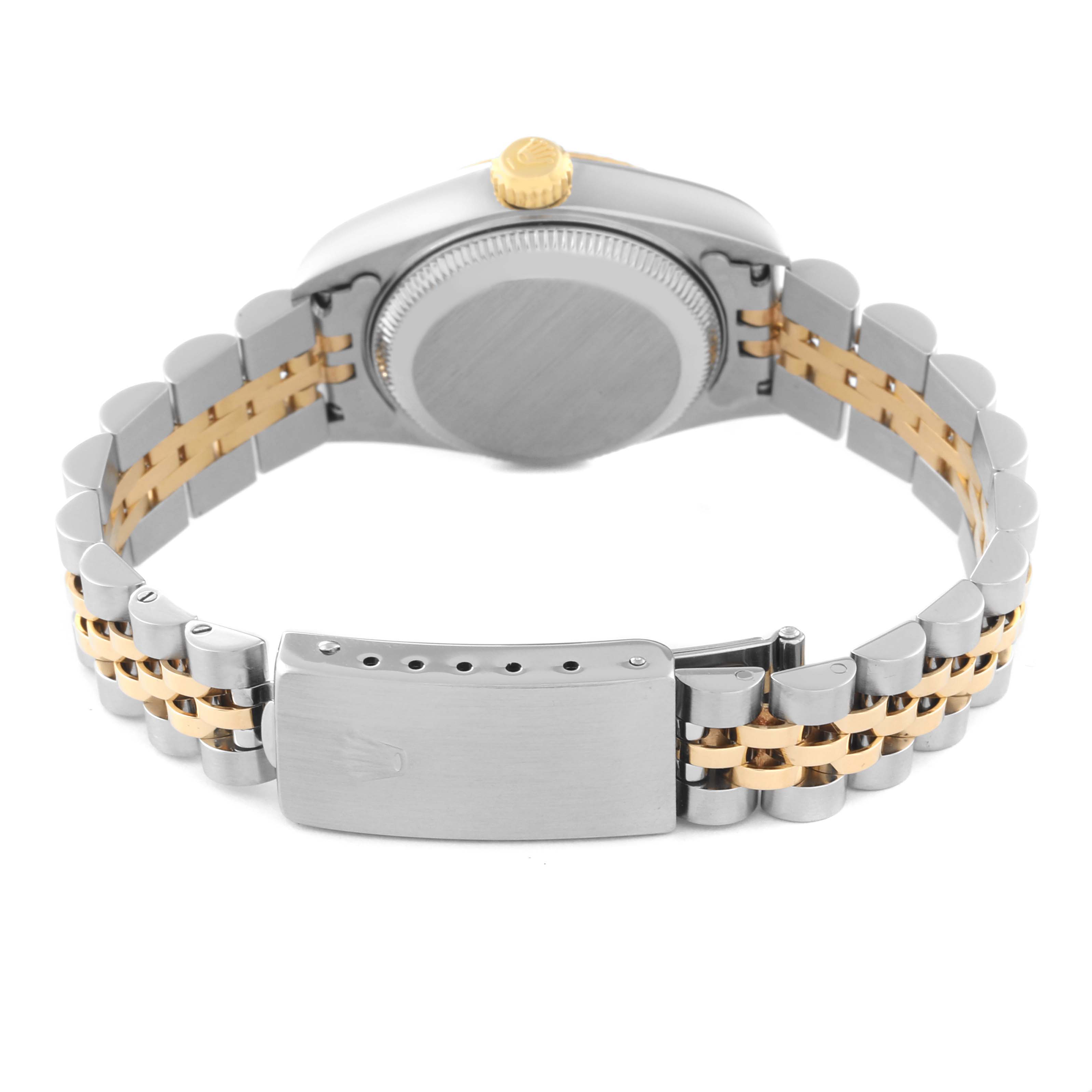The image shows the back view of a Rolex Datejust 79173 Women's Steel and Gold (two tone) Blue Dial 79173 Women's Steel and Gold (two tone) Blue Dial with its two-tone bracelet and clasp visible.