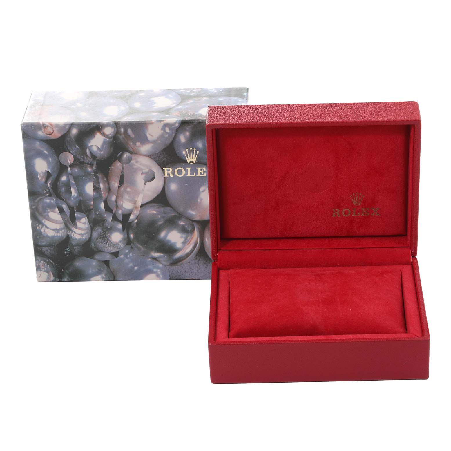 The image shows a Rolex Datejust 79173 Women's Steel and Gold (two tone) Blue Dial 79173 Women's Steel and Gold (two tone) Blue Dial watch's open red case and a decorative outer box.