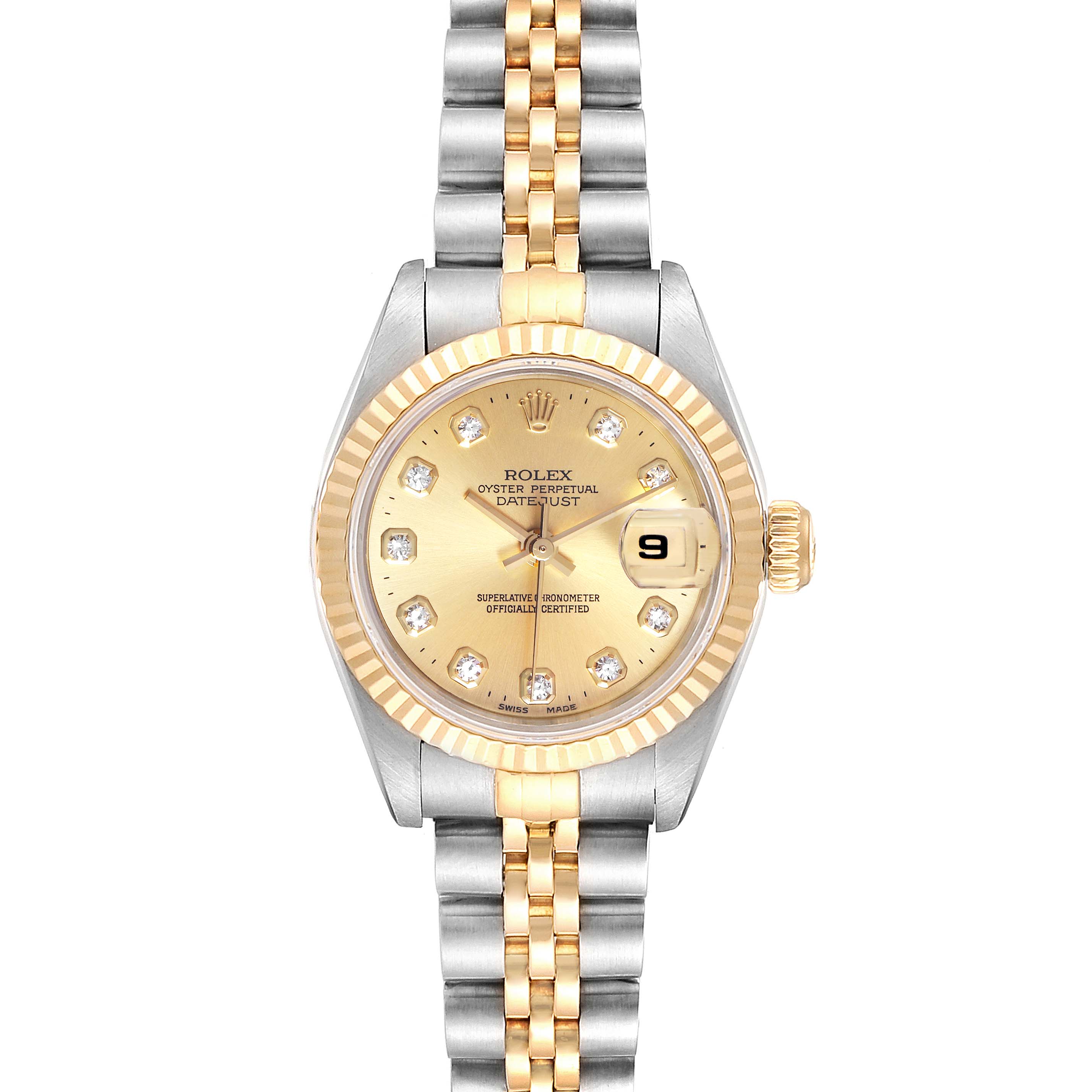 This image shows a front angle of a Rolex Datejust 69173 Women
s Steel and Gold (two tone) Champagne Dial 69173 Women
s Steel and Gold (two tone) Champagne Dial watch, highlighting its dial, bezel, and bracelet.