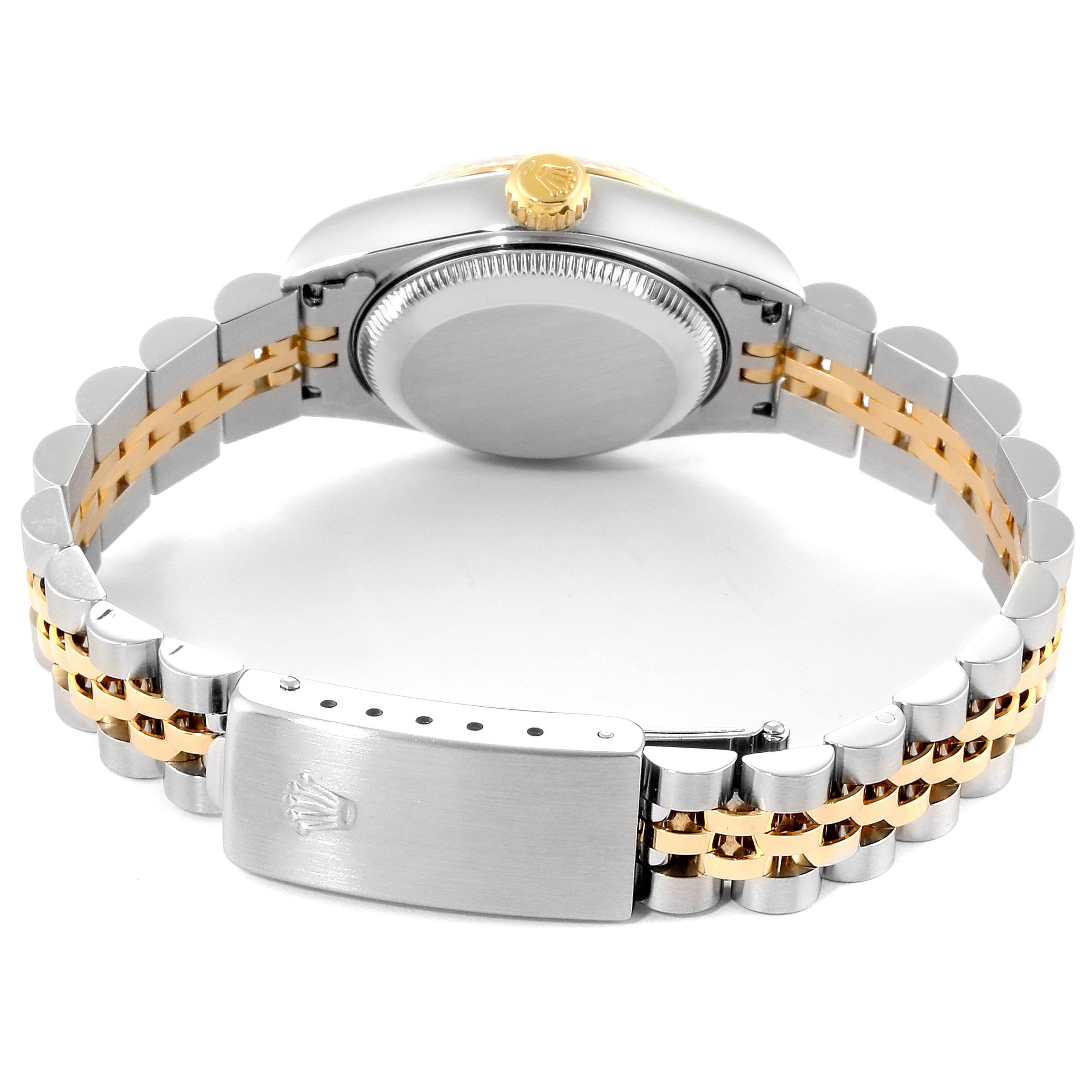 The image shows the back view of a Rolex Datejust 69173 Women
s Steel and Gold (two tone) Champagne Dial 69173 Women
s Steel and Gold (two tone) Champagne Dial watch, highlighting its two-tone bracelet and clasp.