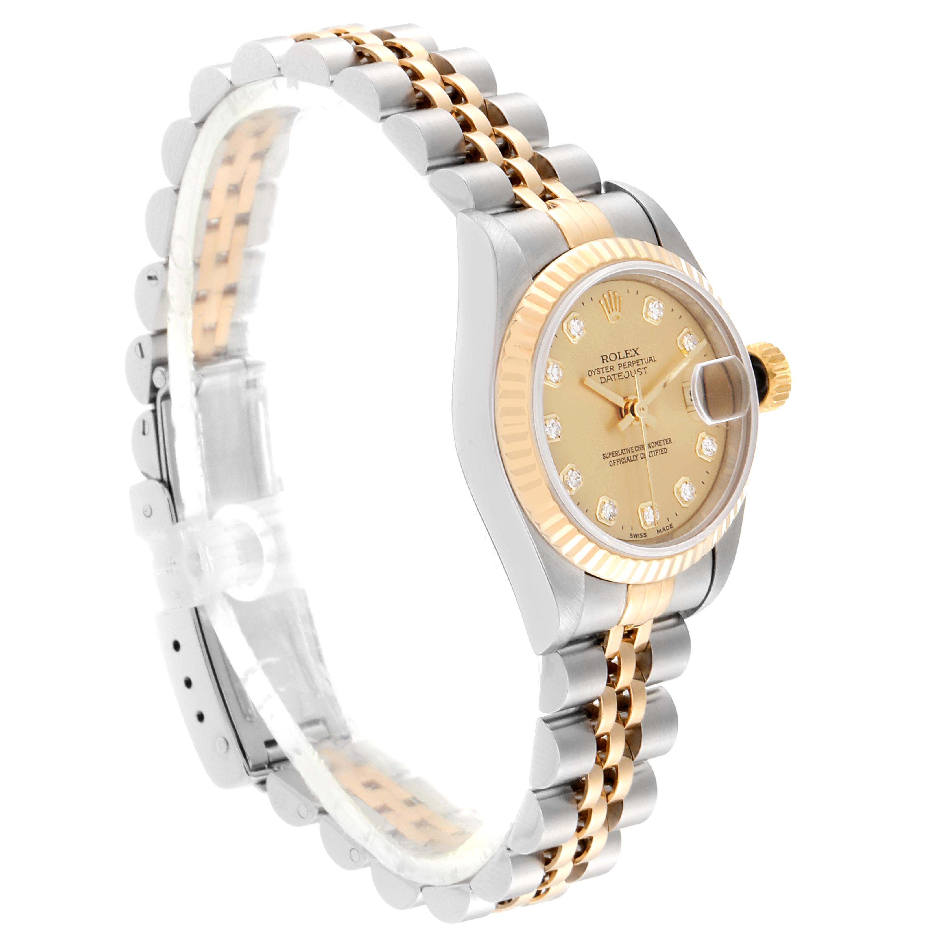 The image shows a side angle of a Rolex Datejust 69173 Women
s Steel and Gold (two tone) Champagne Dial 69173 Women
s Steel and Gold (two tone) Champagne Dial watch, highlighting the bracelet, case, dial, and fluted bezel.