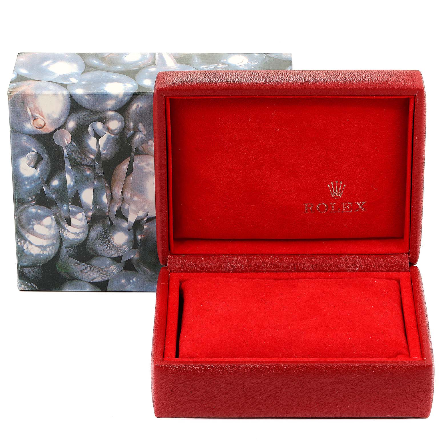 The image shows a red Rolex watch box, specifically for the Datejust model, with the box lid open and the brand logo inside.