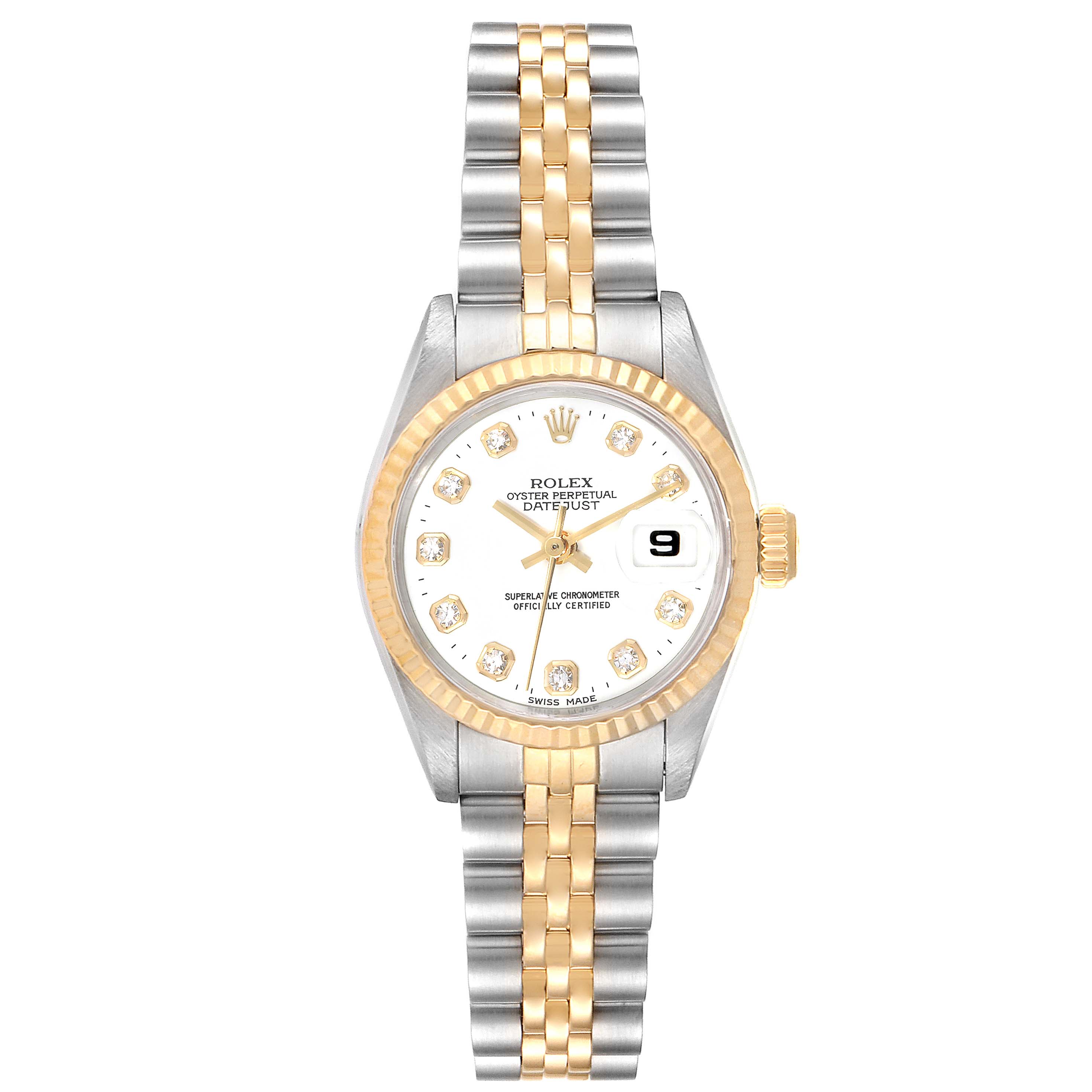 This Rolex Datejust 69173 Women
s Steel and Gold (two tone) White Dial 69173 Women
s Steel and Gold (two tone) White Dial model is shown from a front angle, displaying its face, bezel, and bracelet.