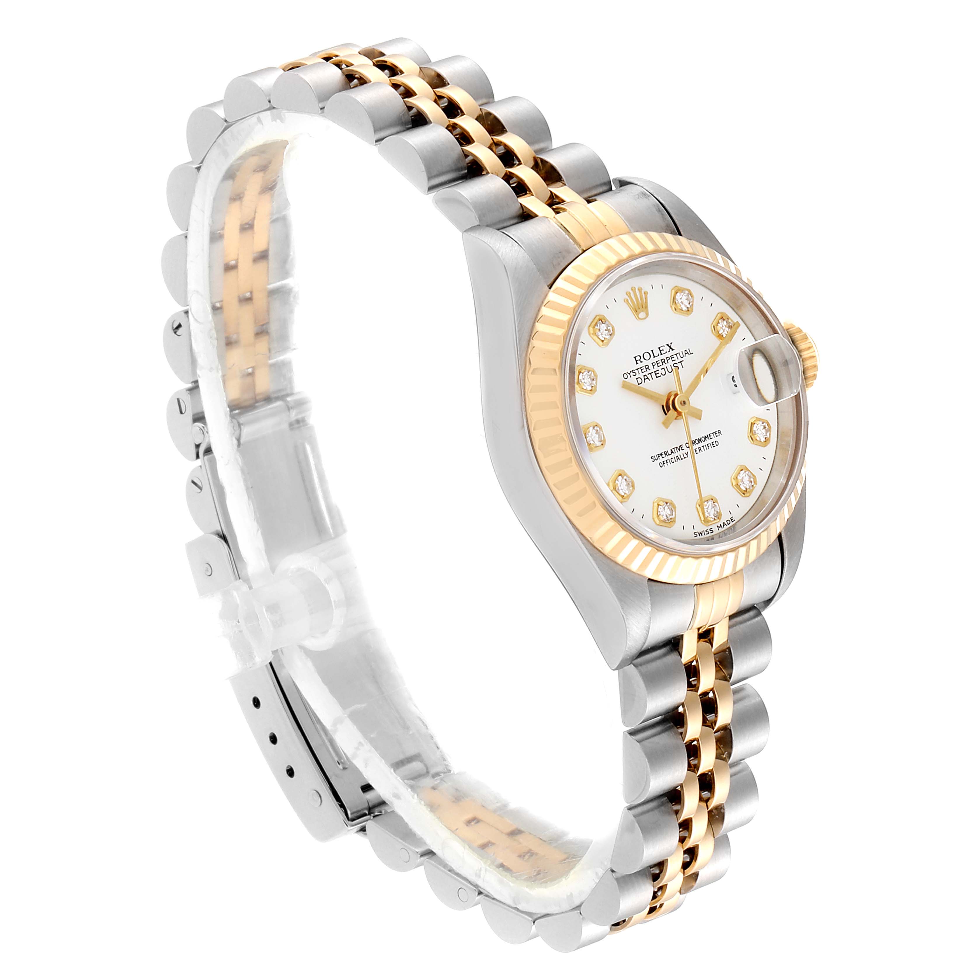 The Rolex Datejust 69173 Women
s Steel and Gold (two tone) White Dial 69173 Women
s Steel and Gold (two tone) White Dial watch is shown at a slight angle, displaying the face, bezel, and two-tone bracelet.