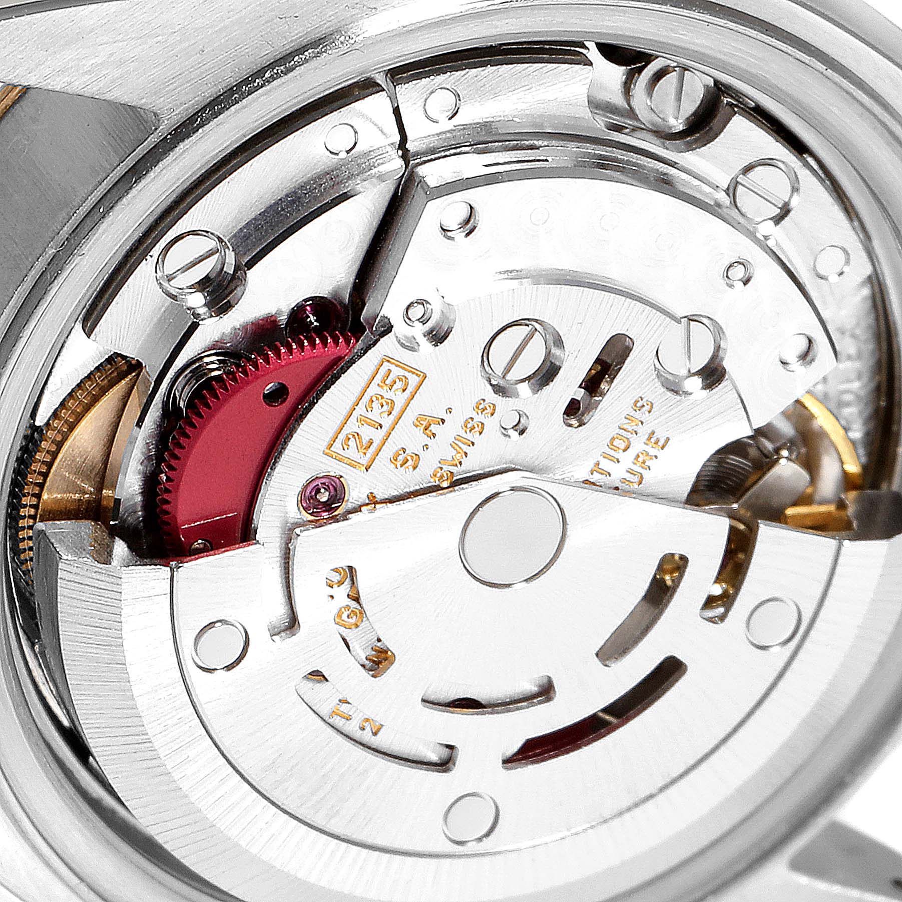 This image shows a close-up view of the movement mechanism inside a Rolex Datejust 69173 Women
s Steel and Gold (two tone) White Dial 69173 Women
s Steel and Gold (two tone) White Dial watch.
