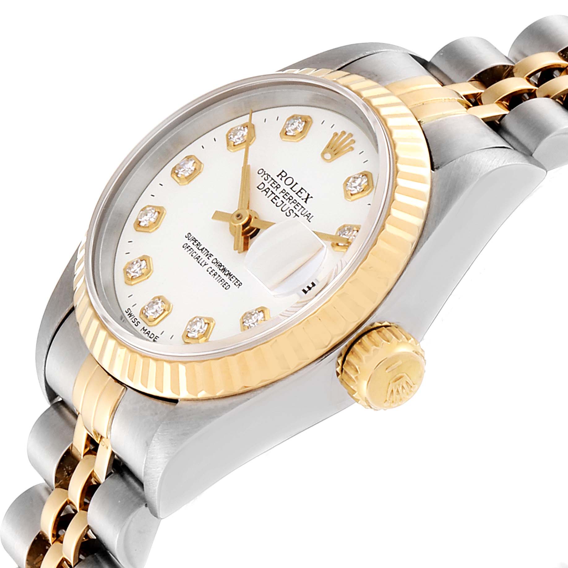 This image shows a close-up angle of a Rolex Datejust 69173 Women
s Steel and Gold (two tone) White Dial 69173 Women
s Steel and Gold (two tone) White Dial watch, highlighting its face, bezel, crown, and part of the bracelet.