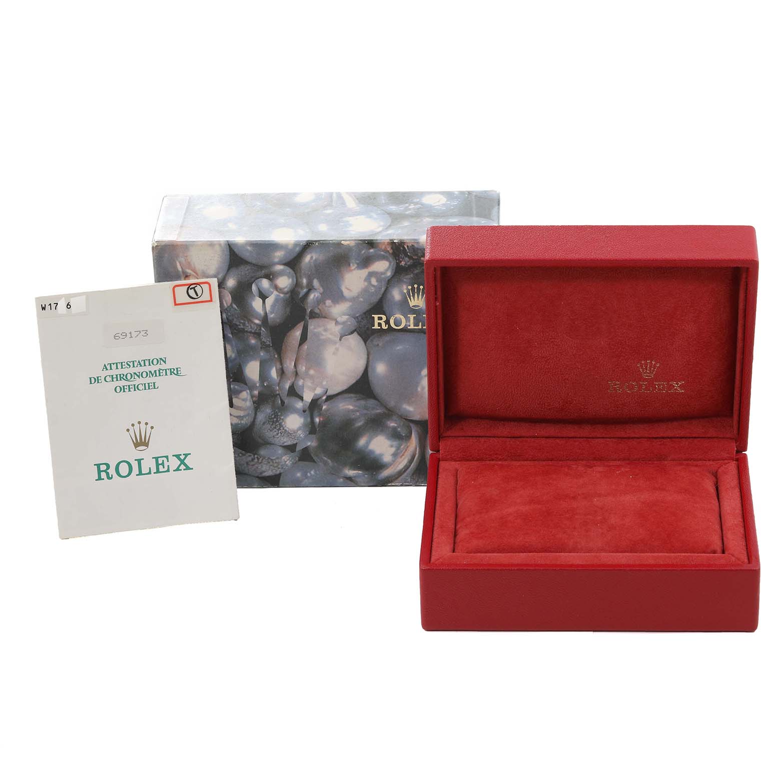 The image shows the box, outer box, and certificate papers for a Rolex Datejust 69173 Women's Steel and Gold (two tone) Champagne Dial 69173 Women's Steel and Gold (two tone) Champagne Dial watch.