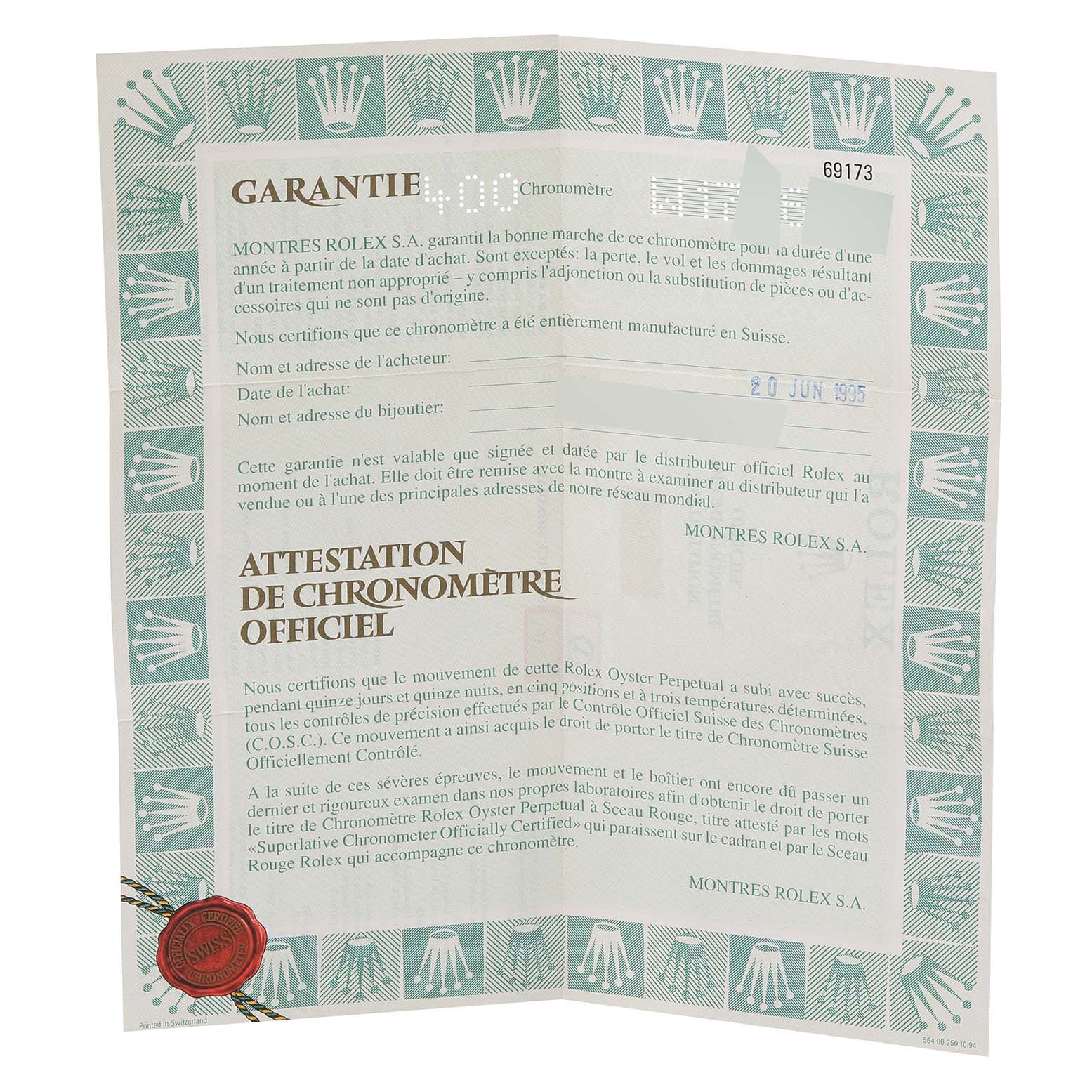 The image shows a flat, unfolded warranty and certification document for a Rolex Datejust 69173 Women's Steel and Gold (two tone) Champagne Dial 69173 Women's Steel and Gold (two tone) Champagne Dial watch.