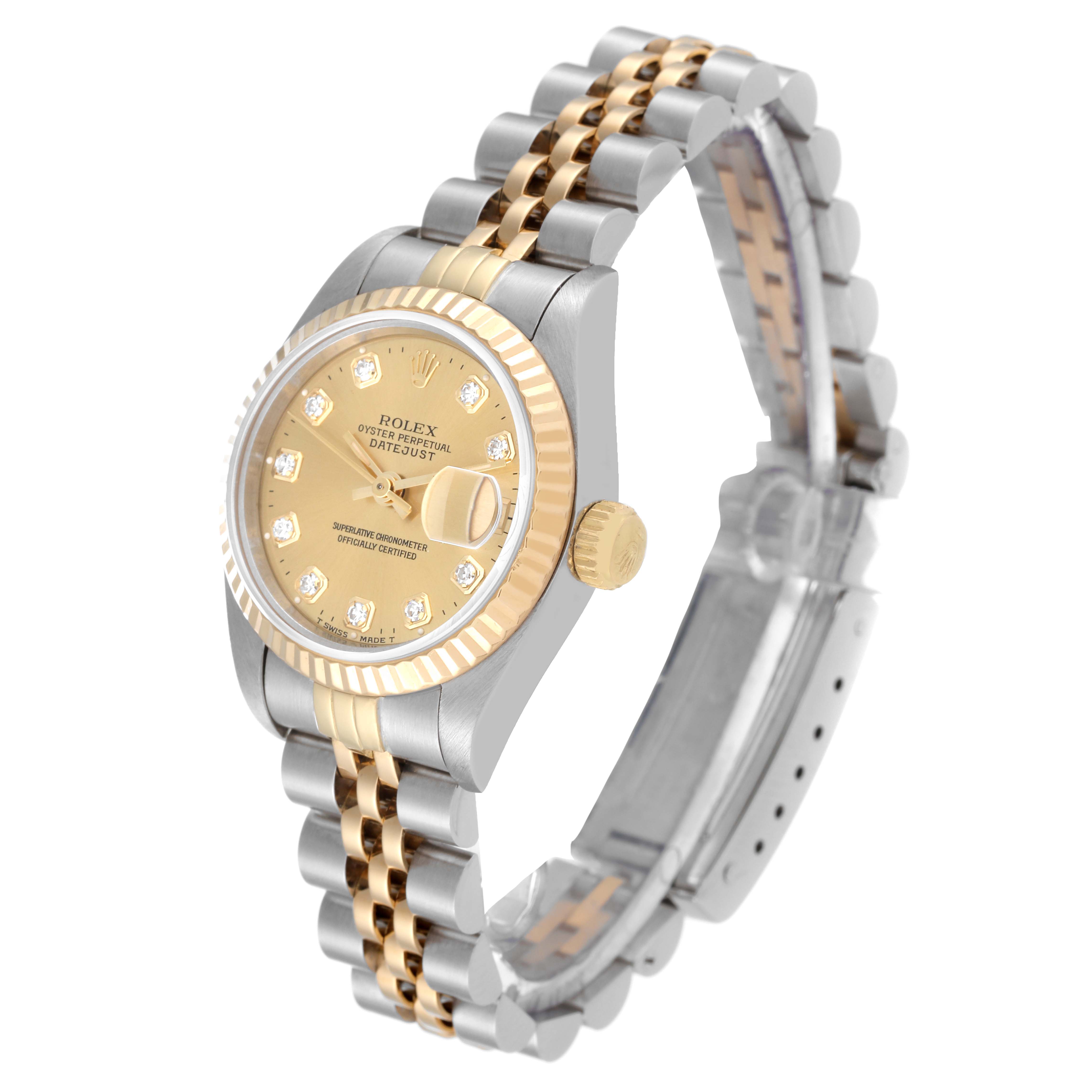 The image shows a Rolex Datejust 69173 Women's Steel and Gold (two tone) Champagne Dial 69173 Women's Steel and Gold (two tone) Champagne Dial watch at a three-quarter angle, highlighting the face, bezel, crown, and two-tone bracelet.