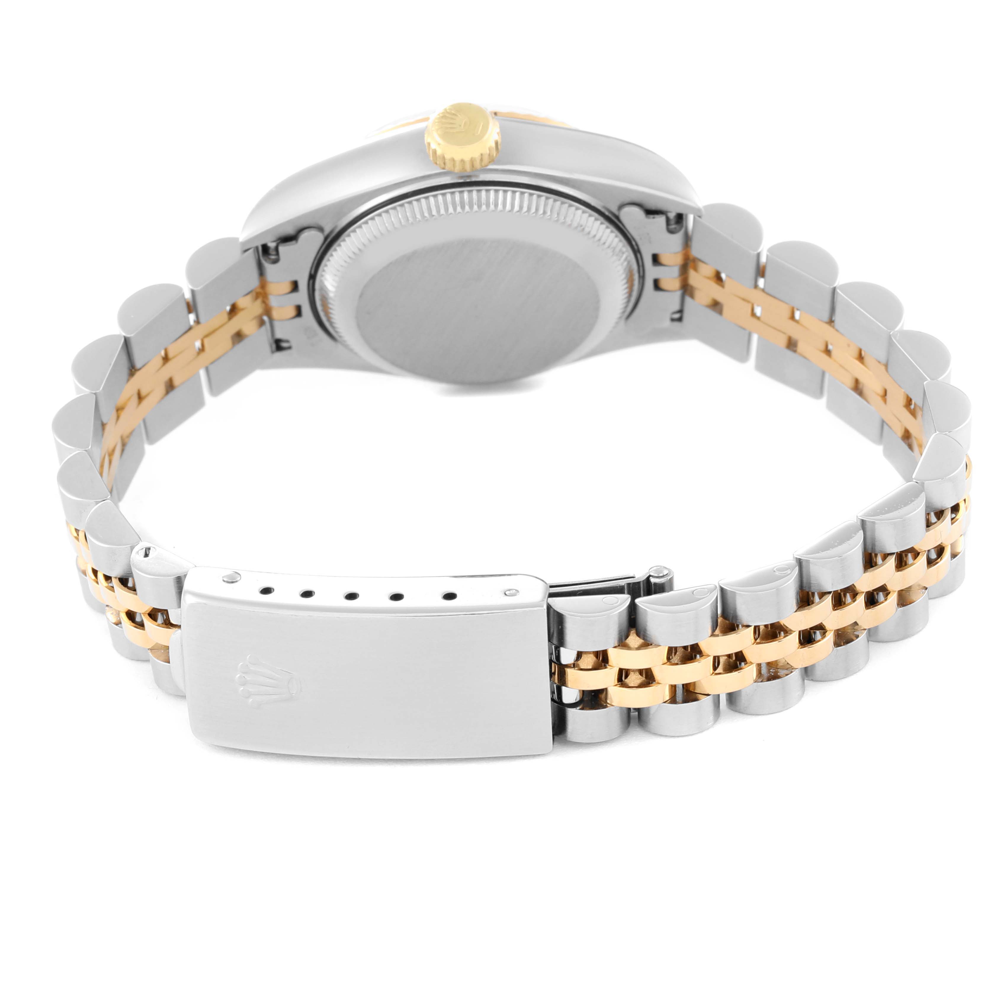 The image shows the back view of a Rolex Datejust 69173 Women's Steel and Gold (two tone) Champagne Dial 69173 Women's Steel and Gold (two tone) Champagne Dial watch, focusing on the case back, crown, and Jubilee bracelet clasp.