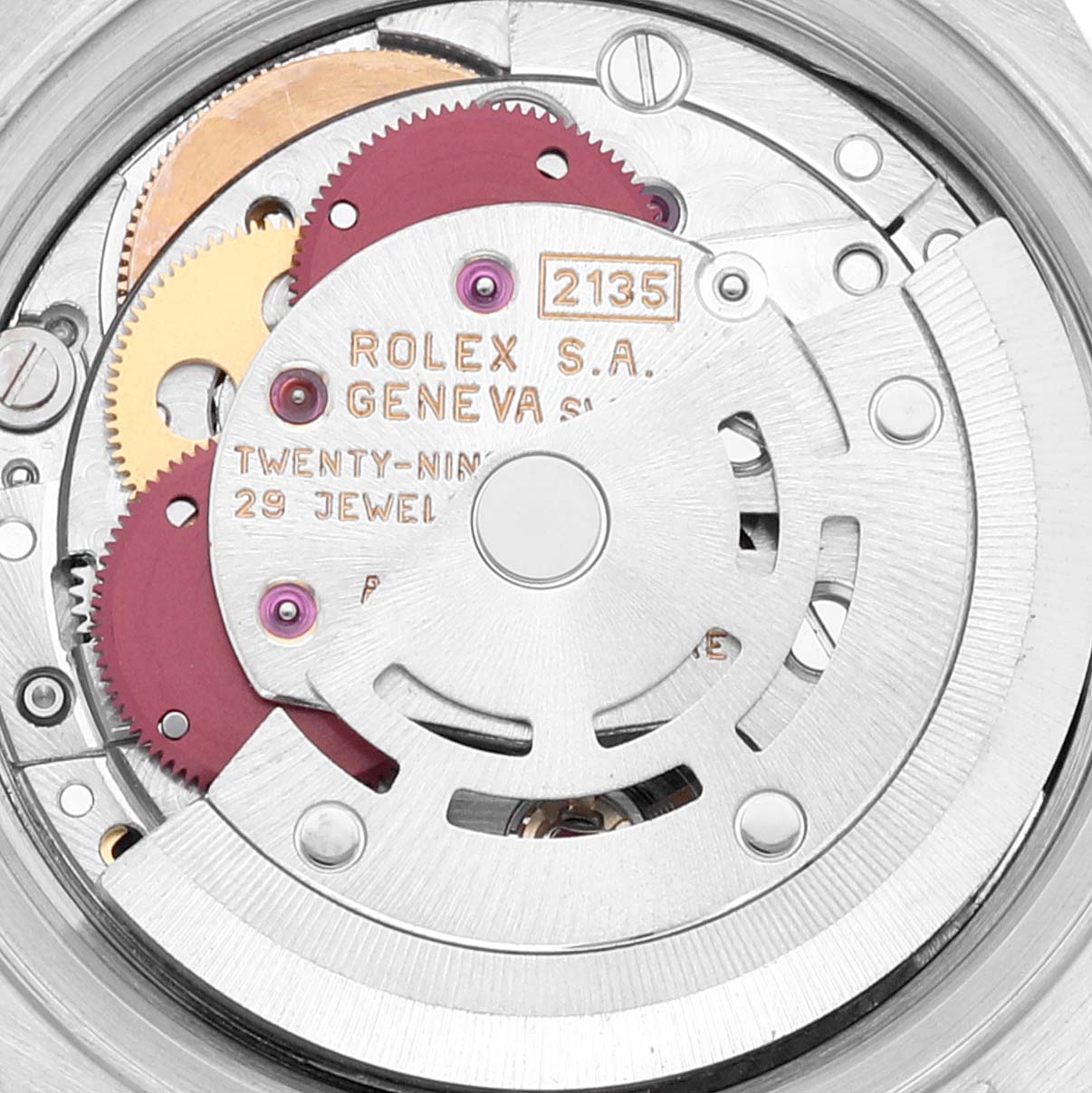 This image shows the internal mechanical movement of a Rolex Datejust 69173 Women's Steel and Gold (two tone) Champagne Dial 69173 Women's Steel and Gold (two tone) Champagne Dial watch, highlighting gears and the rotor.