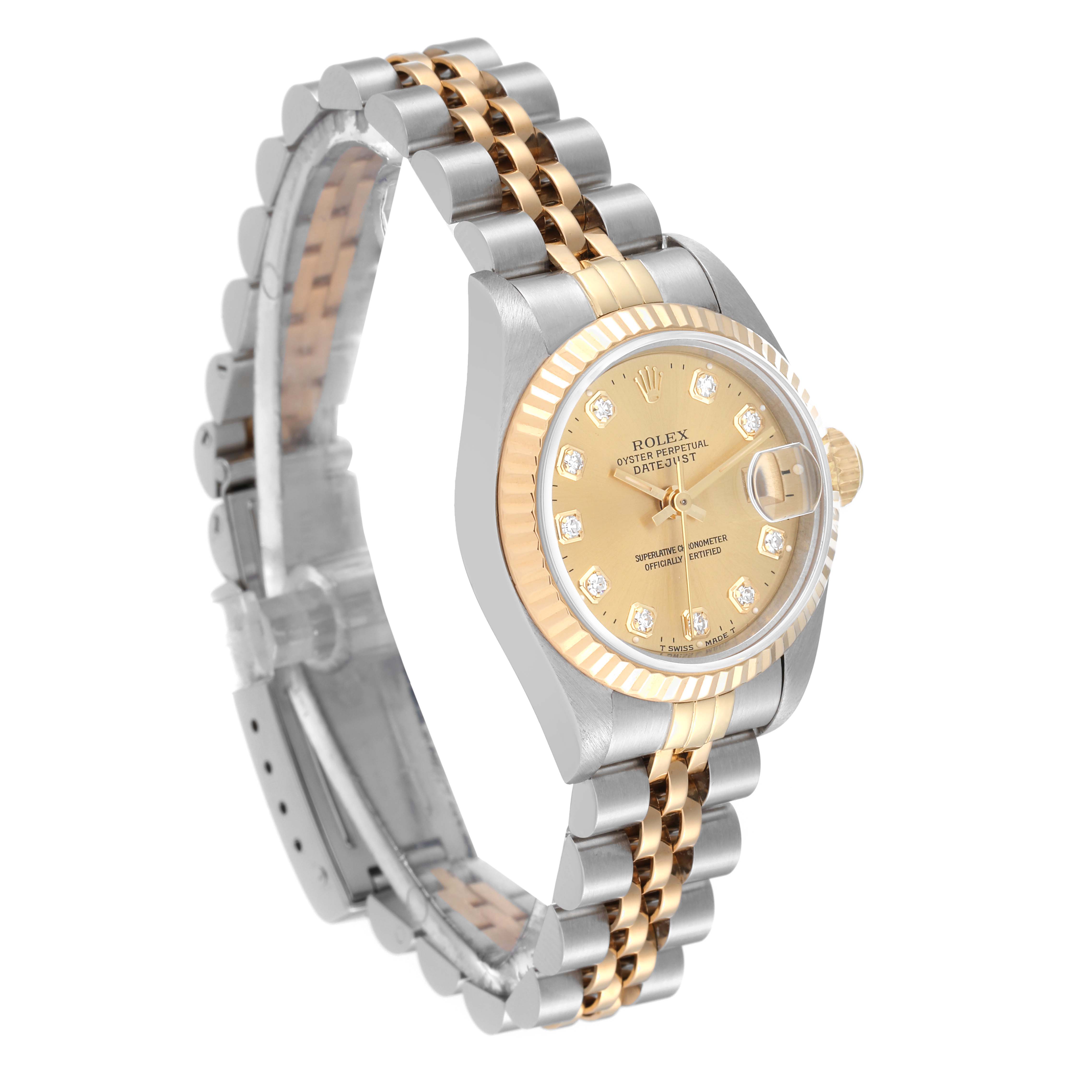 This image shows a side view of a Rolex Datejust 69173 Women's Steel and Gold (two tone) Champagne Dial 69173 Women's Steel and Gold (two tone) Champagne Dial watch, highlighting the two-tone bracelet, case, and gold dial with diamond markers.