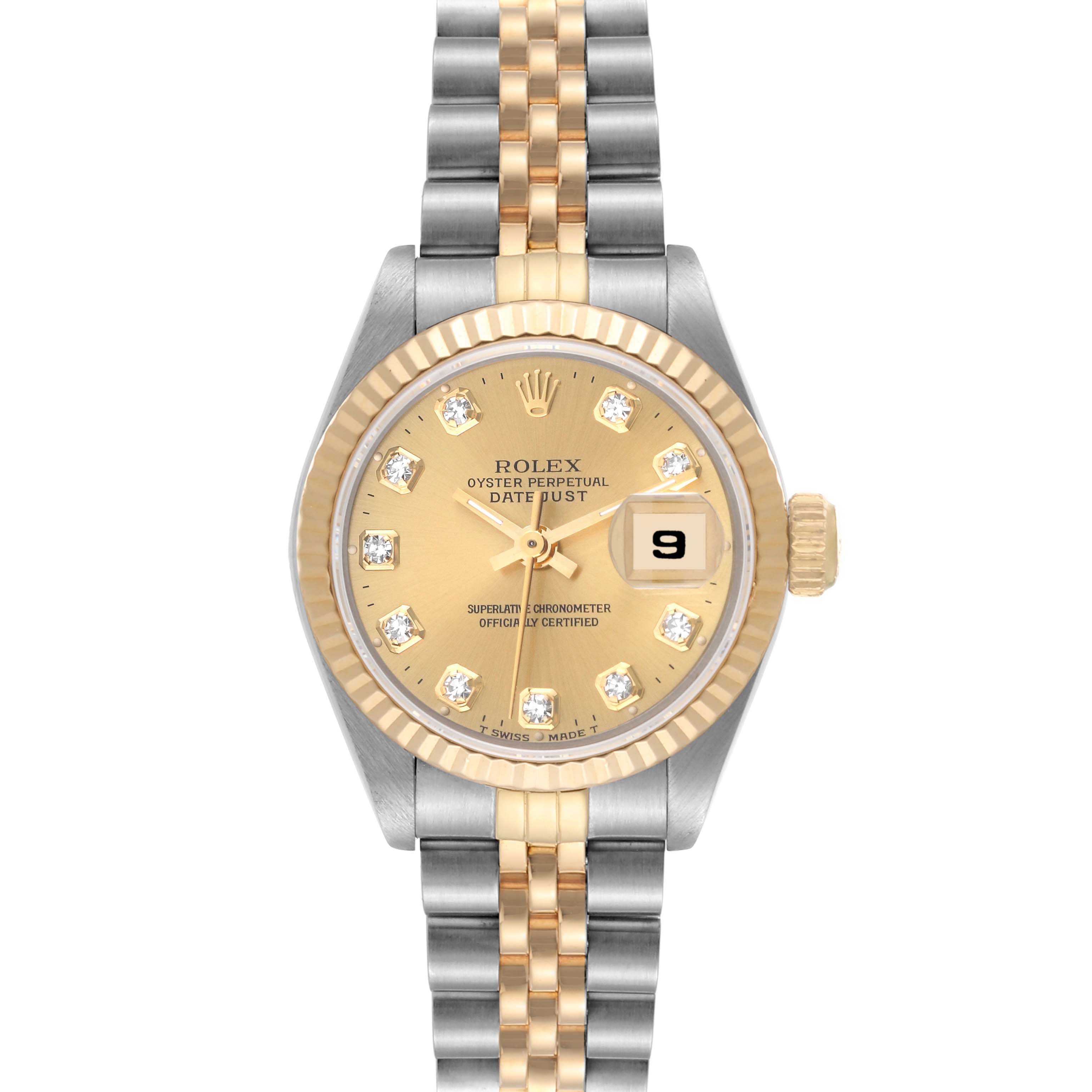 This image shows a Rolex Datejust 69173 Women's Steel and Gold (two tone) Champagne Dial 69173 Women's Steel and Gold (two tone) Champagne Dial watch from the front, featuring its gold dial, diamond hour markers, and two-tone bracelet.