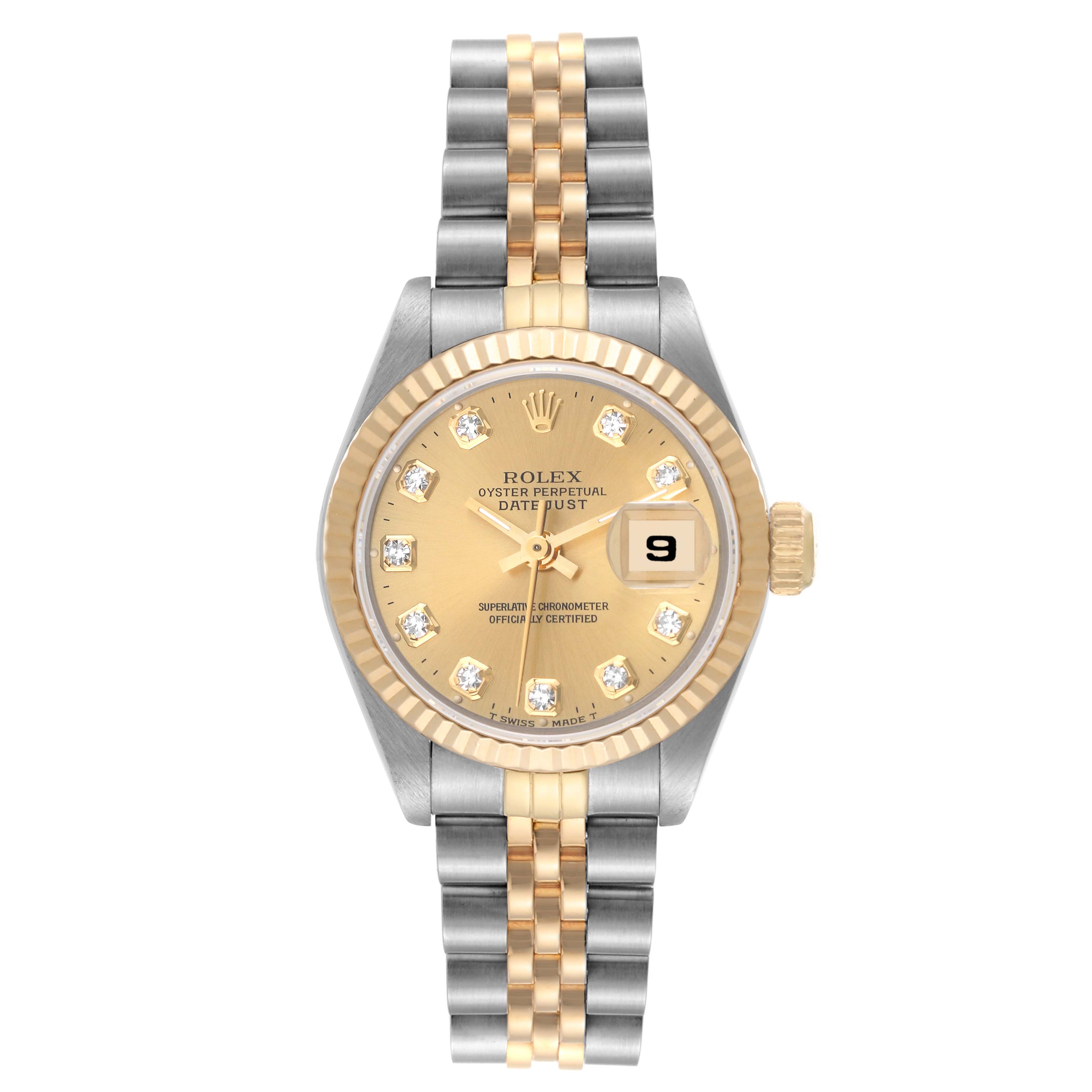 The image shows a front view of a Rolex Datejust 69173 Women's Steel and Gold (two tone) Champagne Dial 69173 Women's Steel and Gold (two tone) Champagne Dial watch with a two-tone bracelet and a champagne diamond dial.