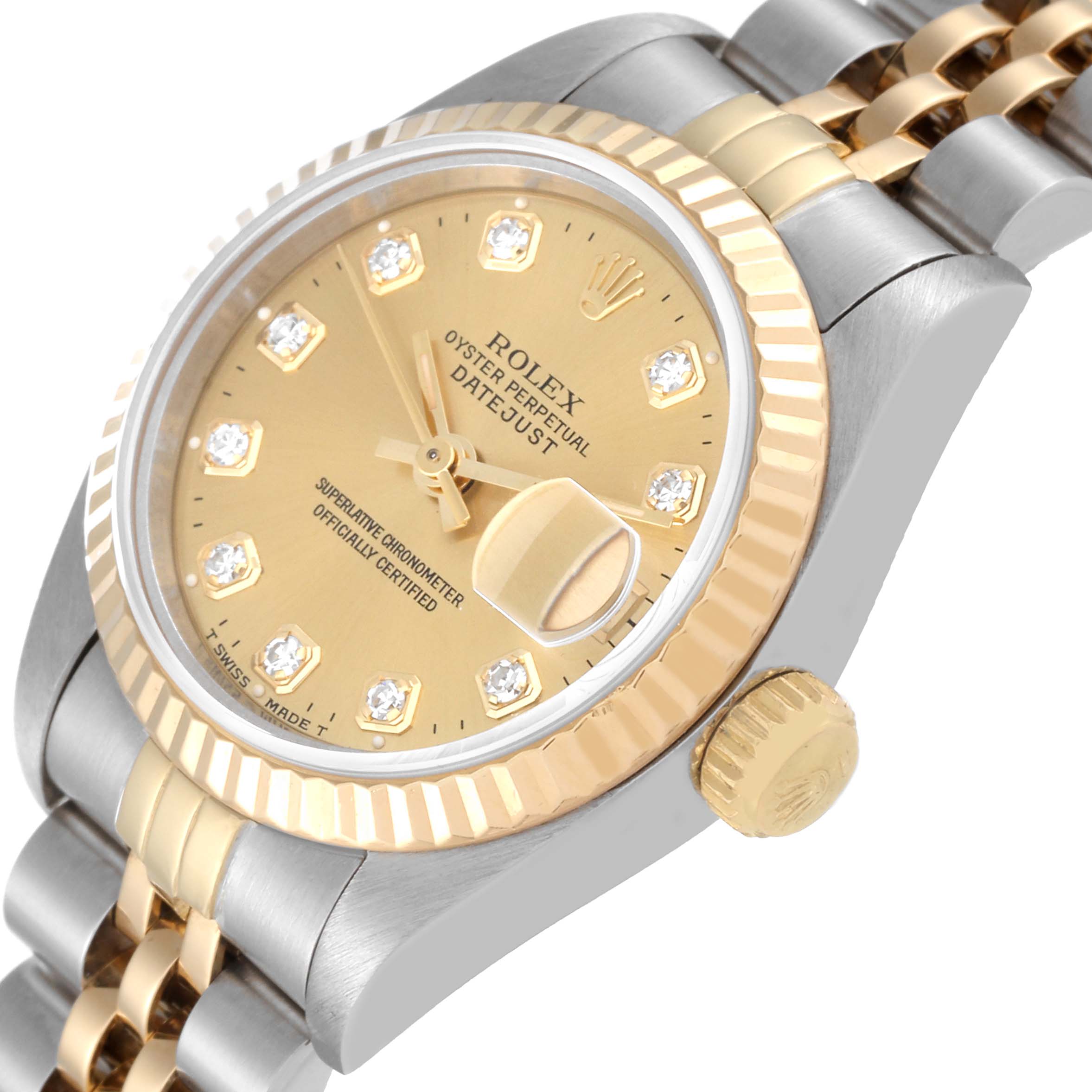 The image shows a side angle of a Rolex Datejust 69173 Women's Steel and Gold (two tone) Champagne Dial 69173 Women's Steel and Gold (two tone) Champagne Dial watch, highlighting the dial, fluted bezel, crown, and part of the band.