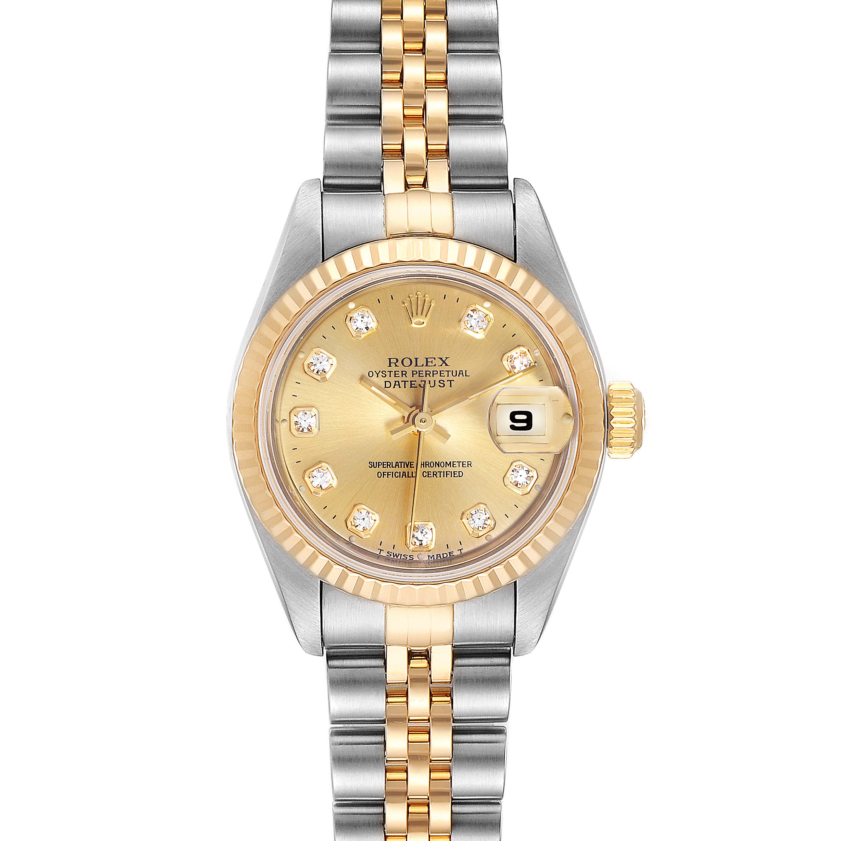 The Rolex Datejust 79173 Women's Steel and Gold (two tone) Champagne Dial 79173 Women's Steel and Gold (two tone) Champagne Dial watch is shown from a straight-on angle, displaying its face, dial, bezel, and two-tone bracelet.