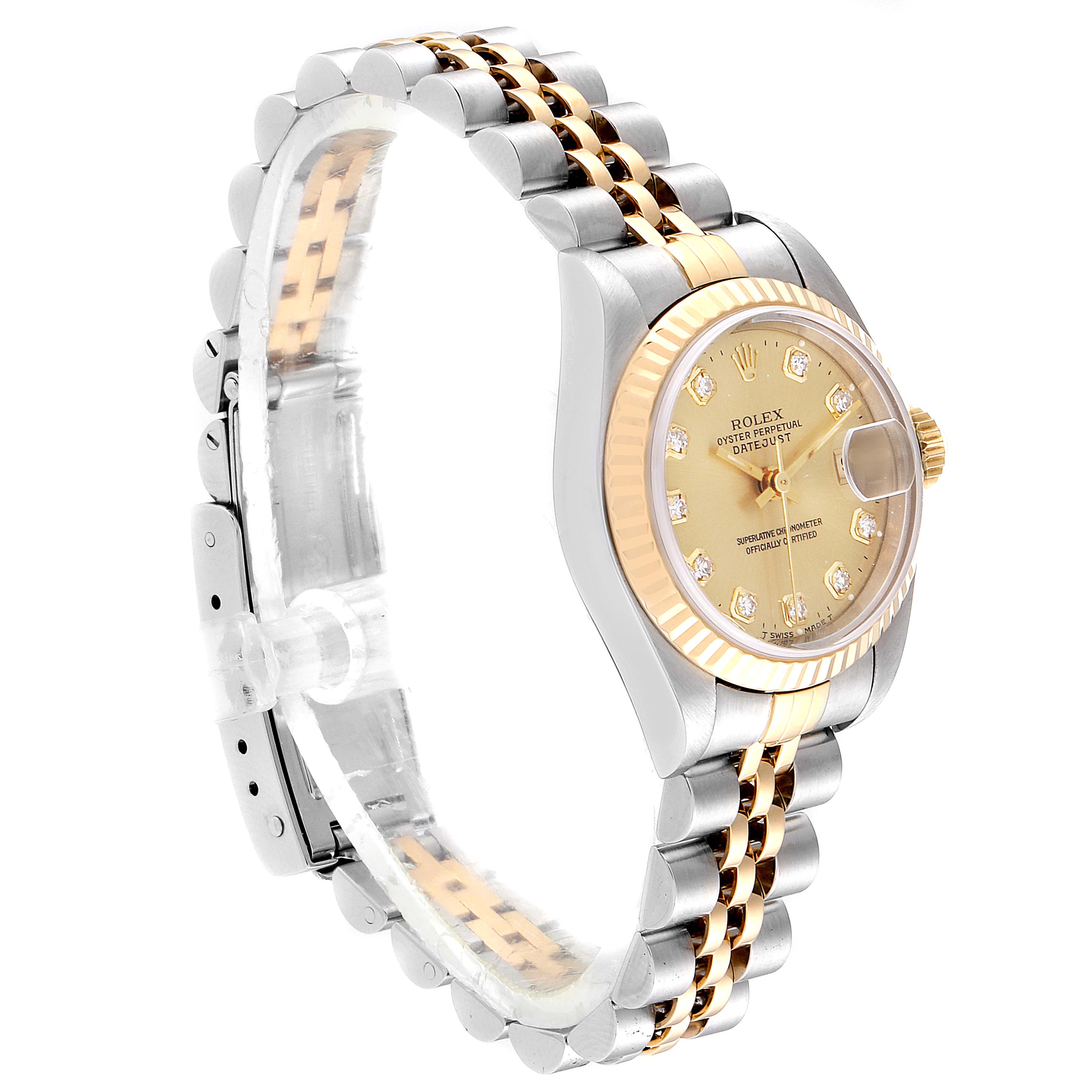 The image shows a side angle of a Rolex Datejust 79173 Women's Steel and Gold (two tone) Champagne Dial 79173 Women's Steel and Gold (two tone) Champagne Dial watch, highlighting its bezel, case, bracelet, and part of the dial.