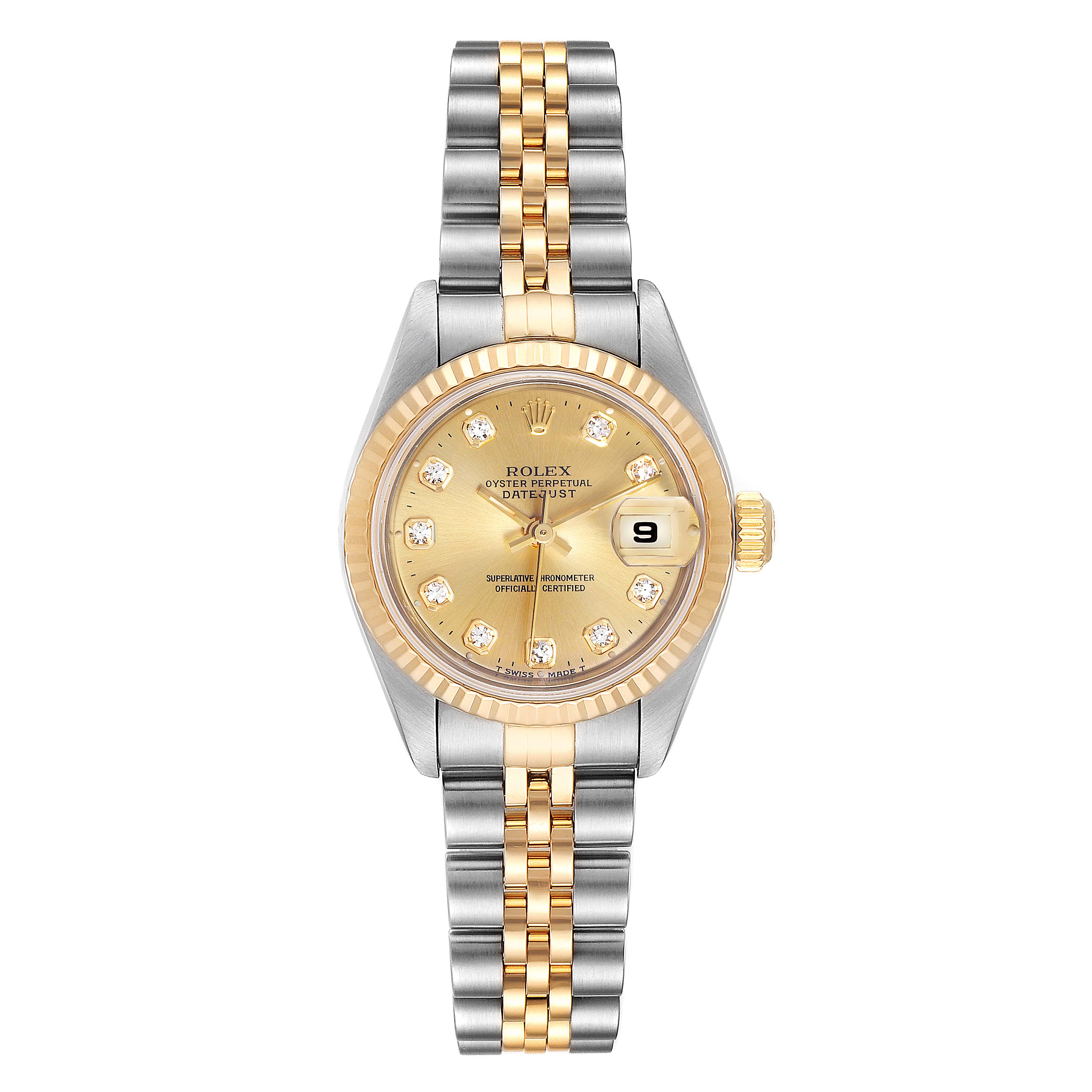 The image shows a Rolex Datejust 79173 Women's Steel and Gold (two tone) Champagne Dial 79173 Women's Steel and Gold (two tone) Champagne Dial watch from a top-down angle, highlighting the face, bezel, and two-tone bracelet.