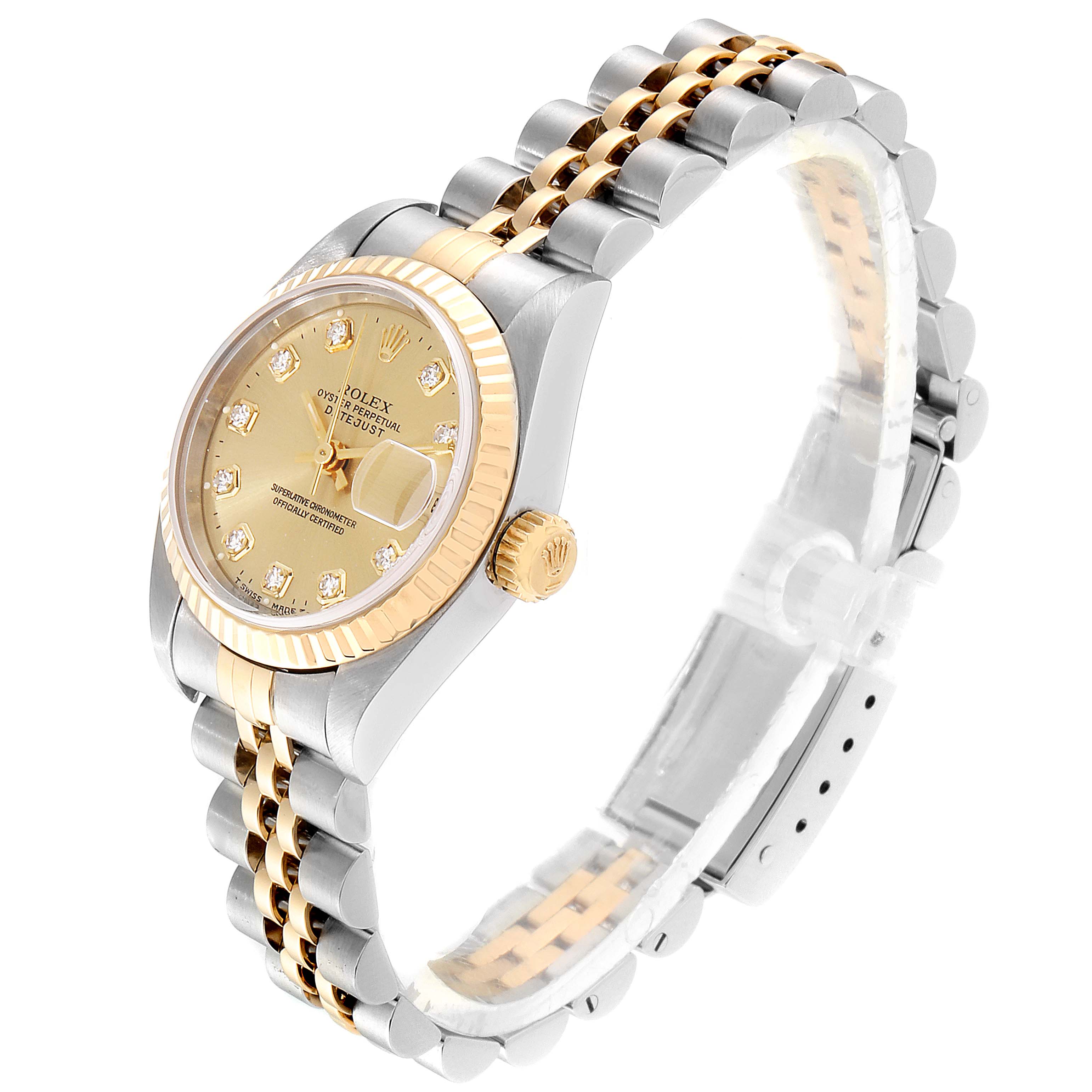 The image shows a Rolex Datejust 79173 Women's Steel and Gold (two tone) Champagne Dial 79173 Women's Steel and Gold (two tone) Champagne Dial watch at a three-quarter angle, highlighting the dial, fluted bezel, crown, and two-tone bracelet.
