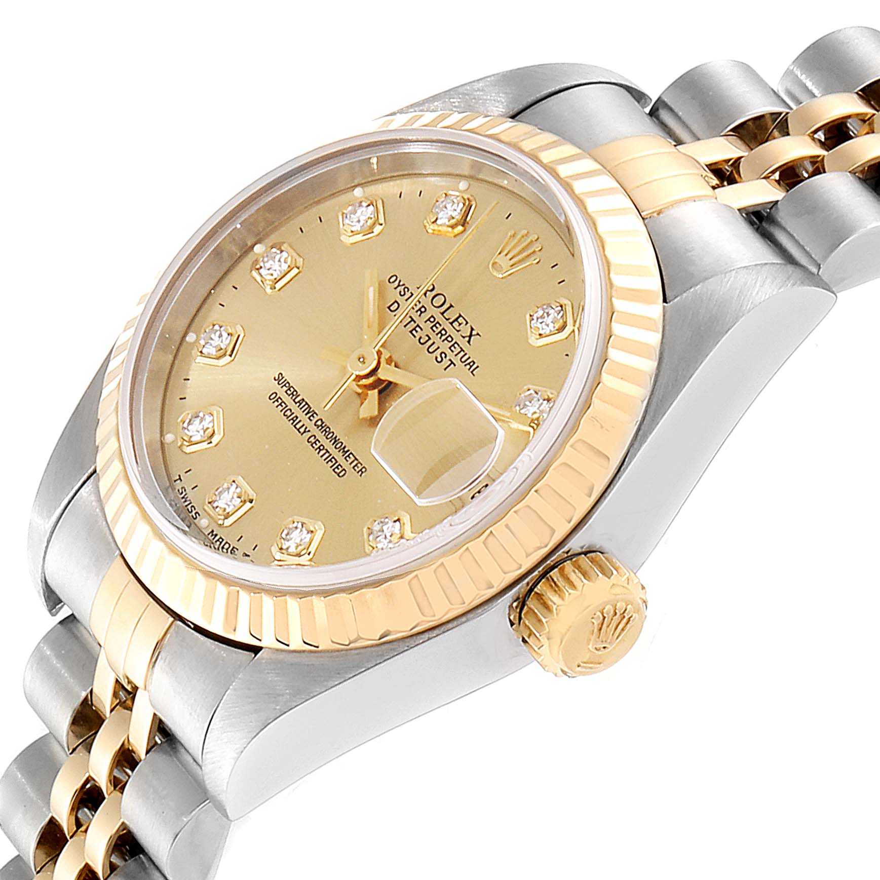 This image shows a close-up of the face, bezel, crown, and part of the bracelet of a Rolex Datejust 79173 Women's Steel and Gold (two tone) Champagne Dial 79173 Women's Steel and Gold (two tone) Champagne Dial watch.