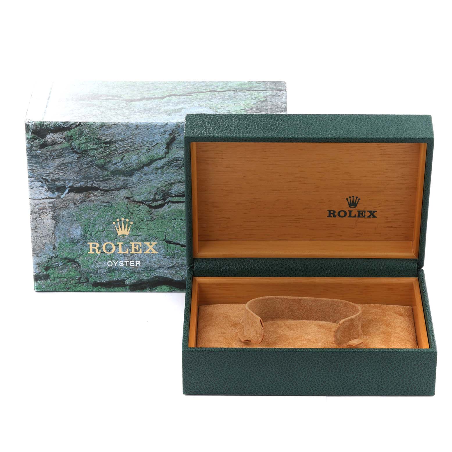 The image shows an open green and wood Rolex Datejust 16233 Men
s Steel and Gold (two tone) Champagne Dial 16233 Men
s Steel and Gold (two tone) Champagne Dial watch box with the outer cardboard box beside it.