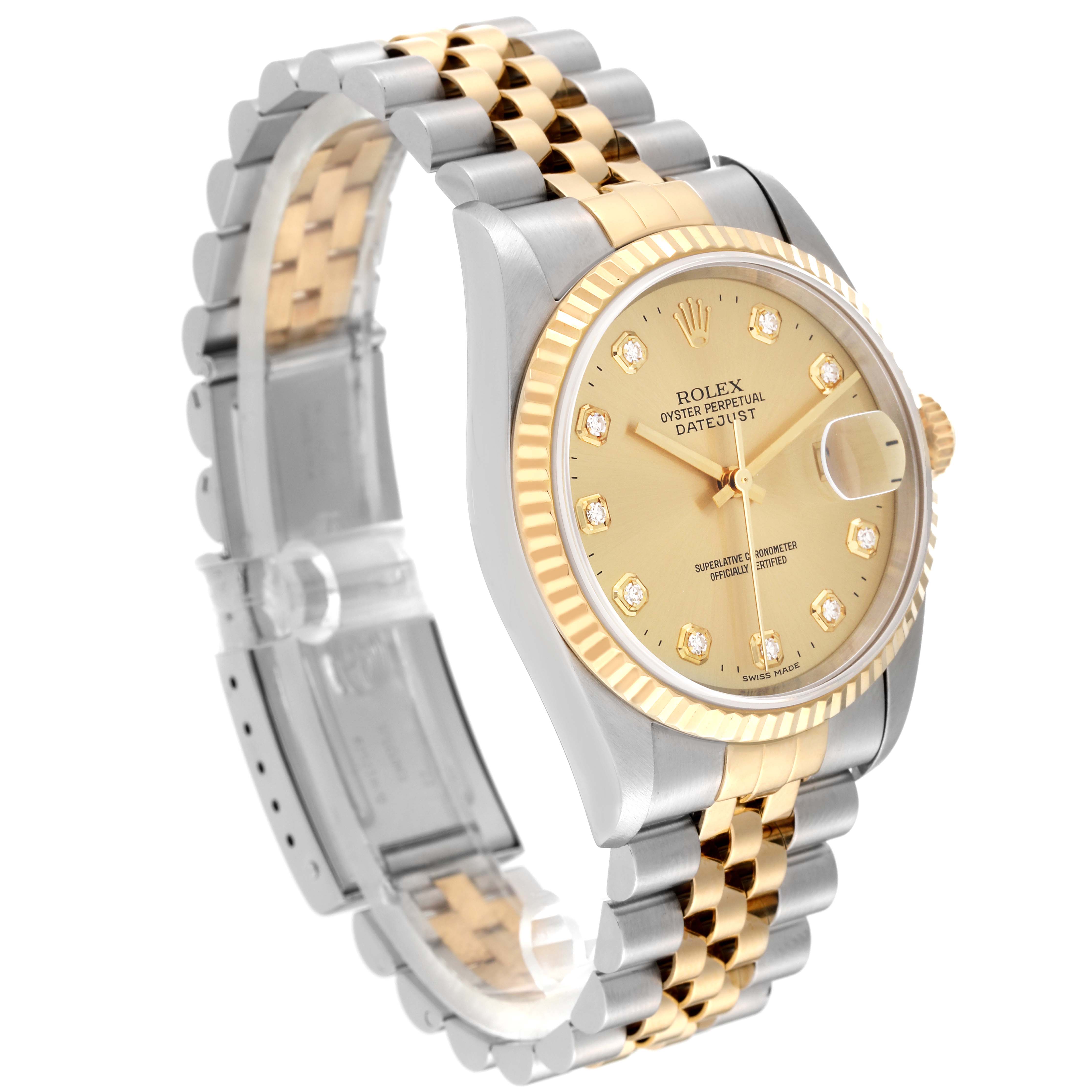 The image shows a Rolex Datejust 16233 Men
s Steel and Gold (two tone) Champagne Dial 16233 Men
s Steel and Gold (two tone) Champagne Dial model at a slight side angle, highlighting its two-tone bracelet and gold dial with diamond hour markers.