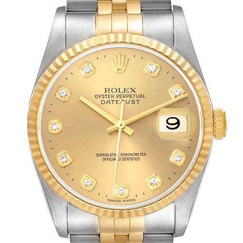 The image shows a front view of the Rolex Datejust, highlighting the gold dial, fluted bezel, and two-tone Jubilee bracelet.