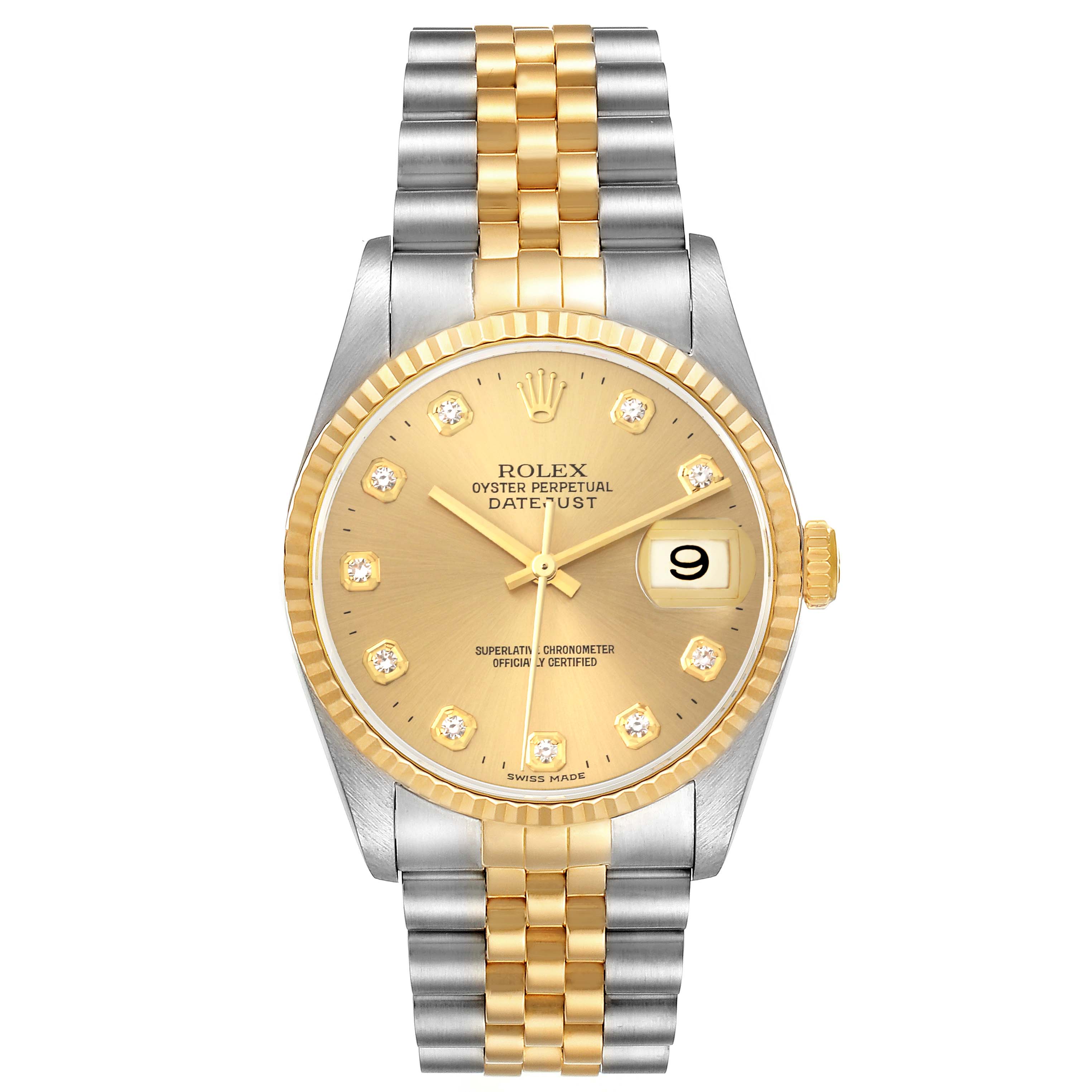 The Rolex Datejust 16233 Men
s Steel and Gold (two tone) Champagne Dial 16233 Men
s Steel and Gold (two tone) Champagne Dial model is shown from a front angle, displaying its dial, bezel, and two-tone bracelet.
