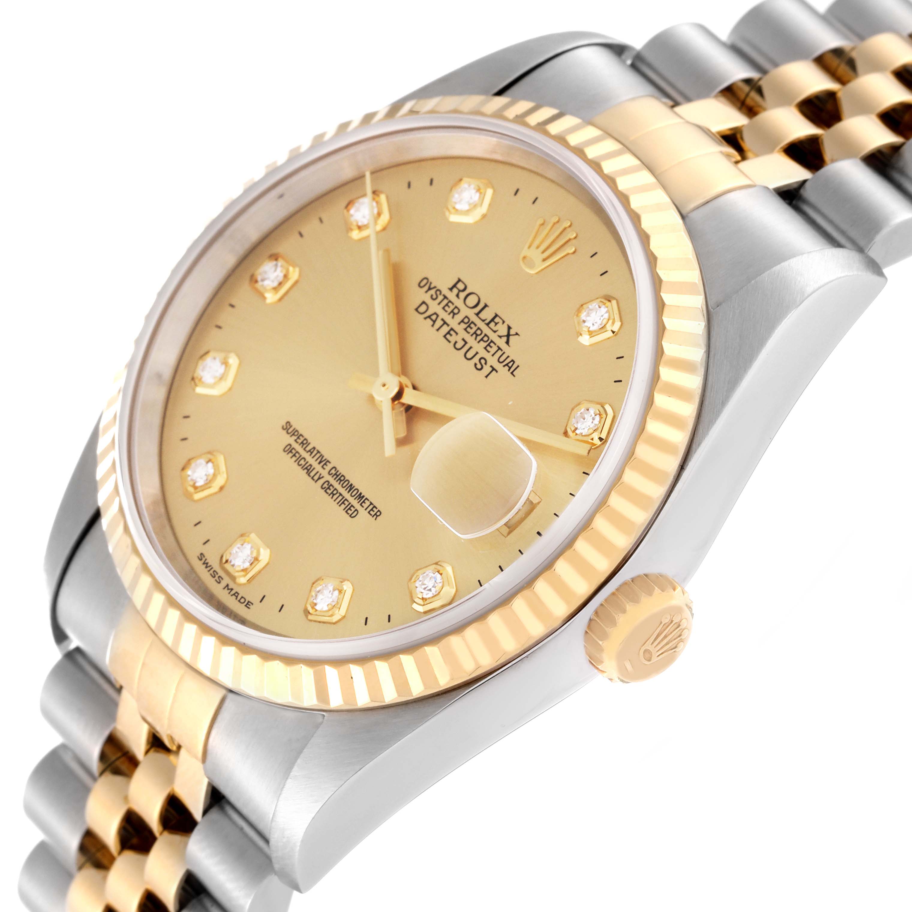 The image shows a close-up of the Rolex Datejust 16233 Men
s Steel and Gold (two tone) Champagne Dial 16233 Men
s Steel and Gold (two tone) Champagne Dial watch, highlighting its dial, bezel, crown, and part of the bracelet.