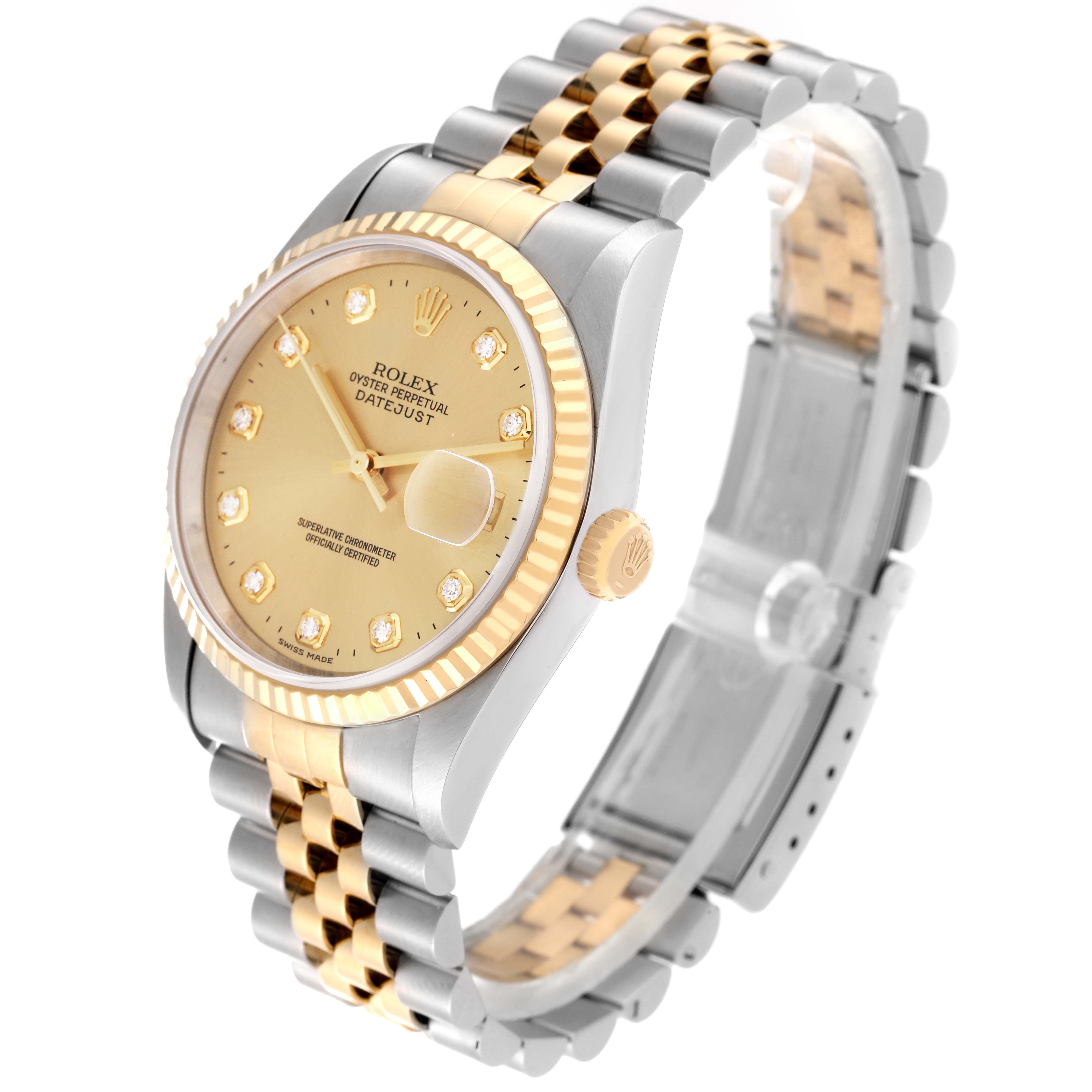The Rolex Datejust 16233 Men
s Steel and Gold (two tone) Champagne Dial 16233 Men
s Steel and Gold (two tone) Champagne Dial watch is shown from an angled top view, highlighting its dial, bezel, crown, and two-tone bracelet.