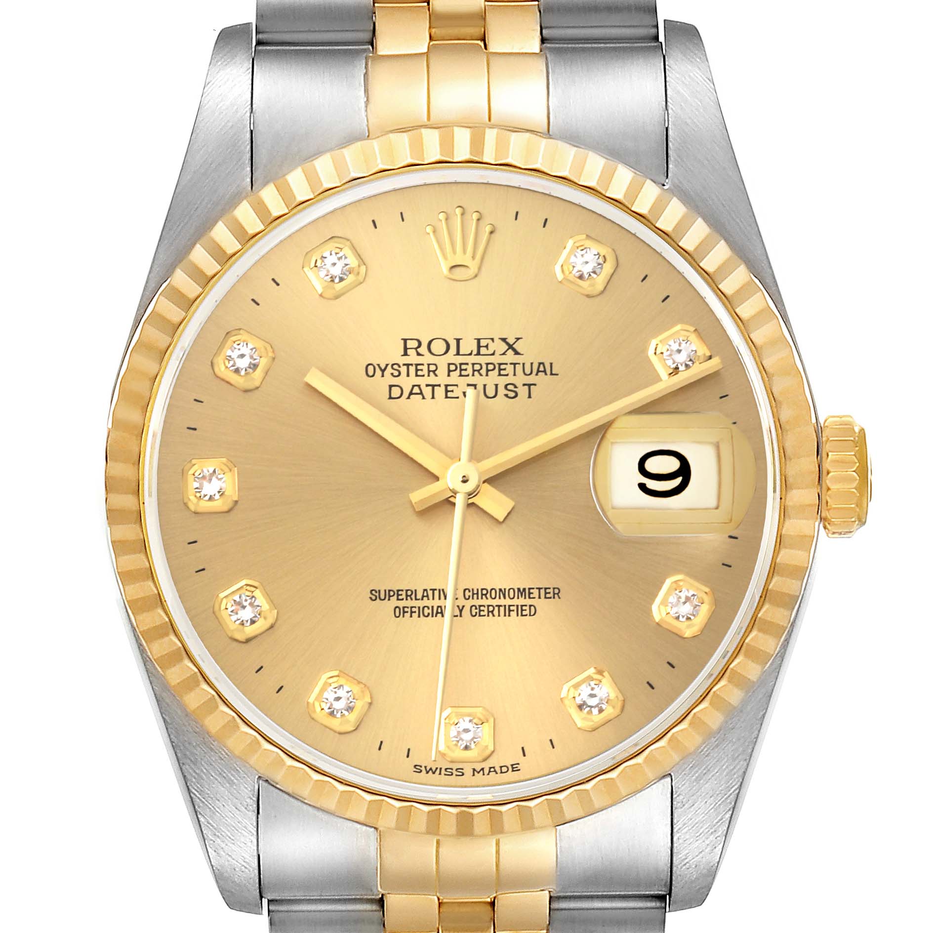 This image shows a front view of a gold and silver Rolex Datejust 16233 Men
s Steel and Gold (two tone) Champagne Dial 16233 Men
s Steel and Gold (two tone) Champagne Dial watch, highlighting its dial, bezel, and bracelet.