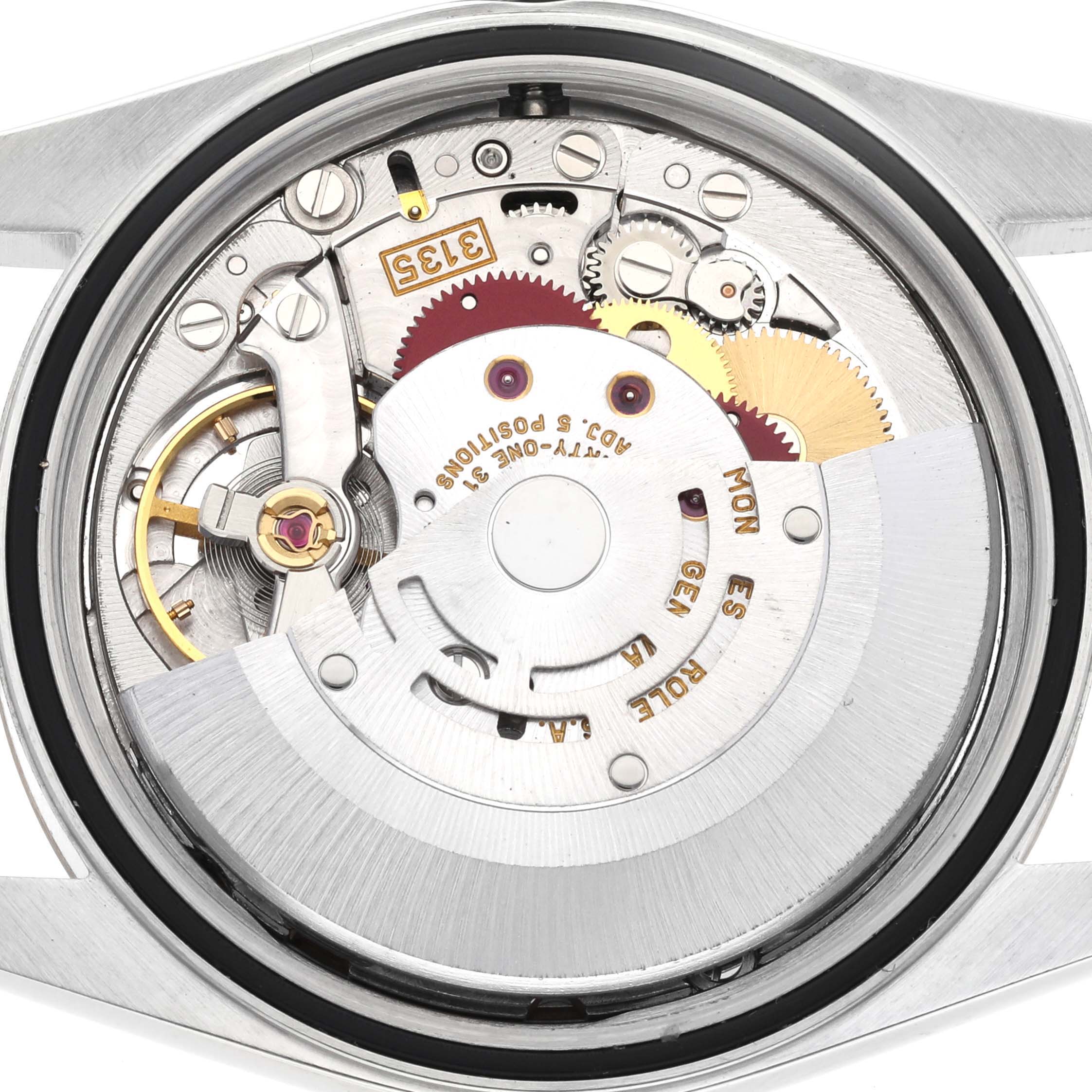 The image shows a close-up view of the movement mechanism inside a Rolex Datejust 16233 Men
s Steel and Gold (two tone) Champagne Dial 16233 Men
s Steel and Gold (two tone) Champagne Dial watch.