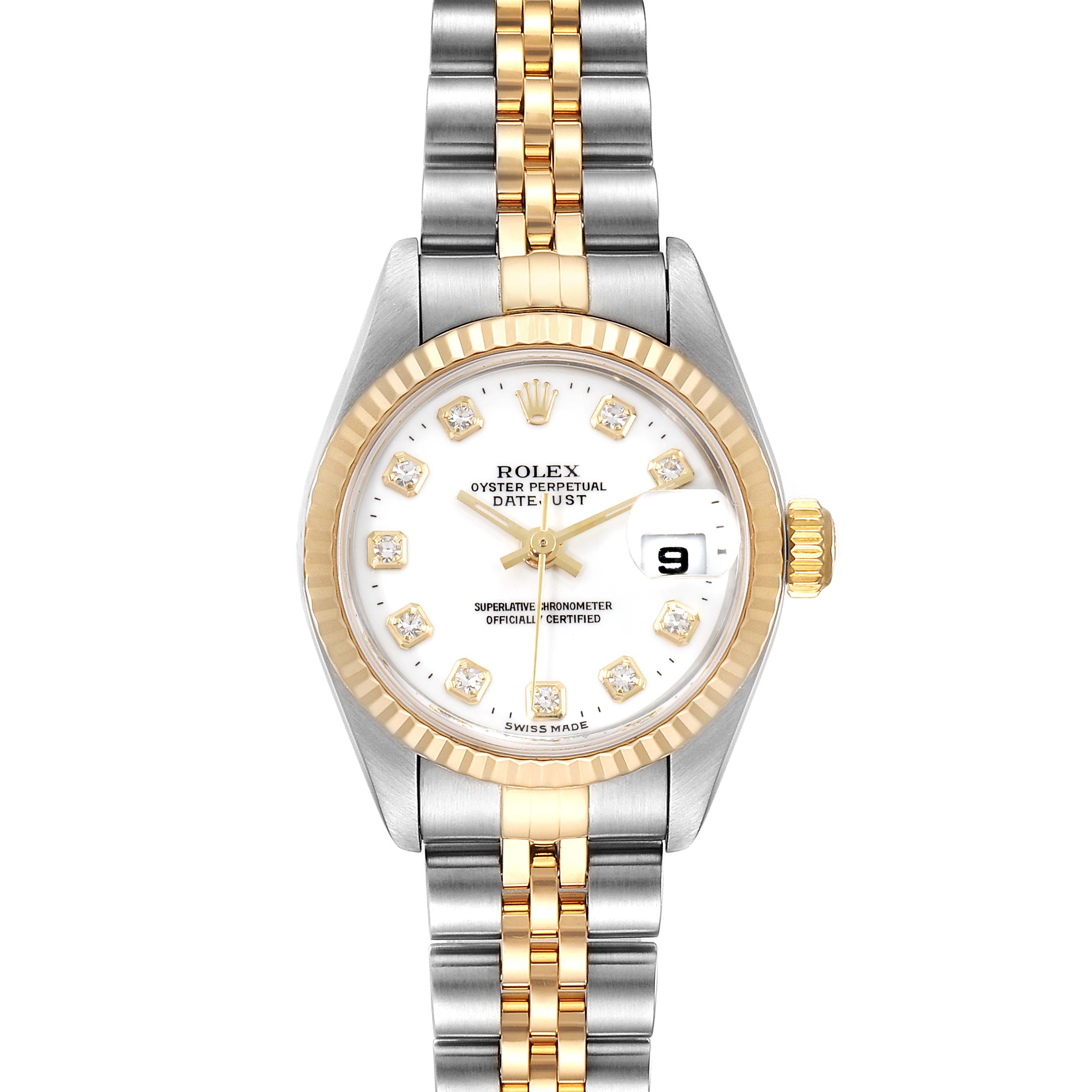 This Rolex Datejust 79173 Women
s Steel and Gold (two tone) White Dial 79173 Women
s Steel and Gold (two tone) White Dial watch is shown from the front, displaying the face, bezel, and bracelet.