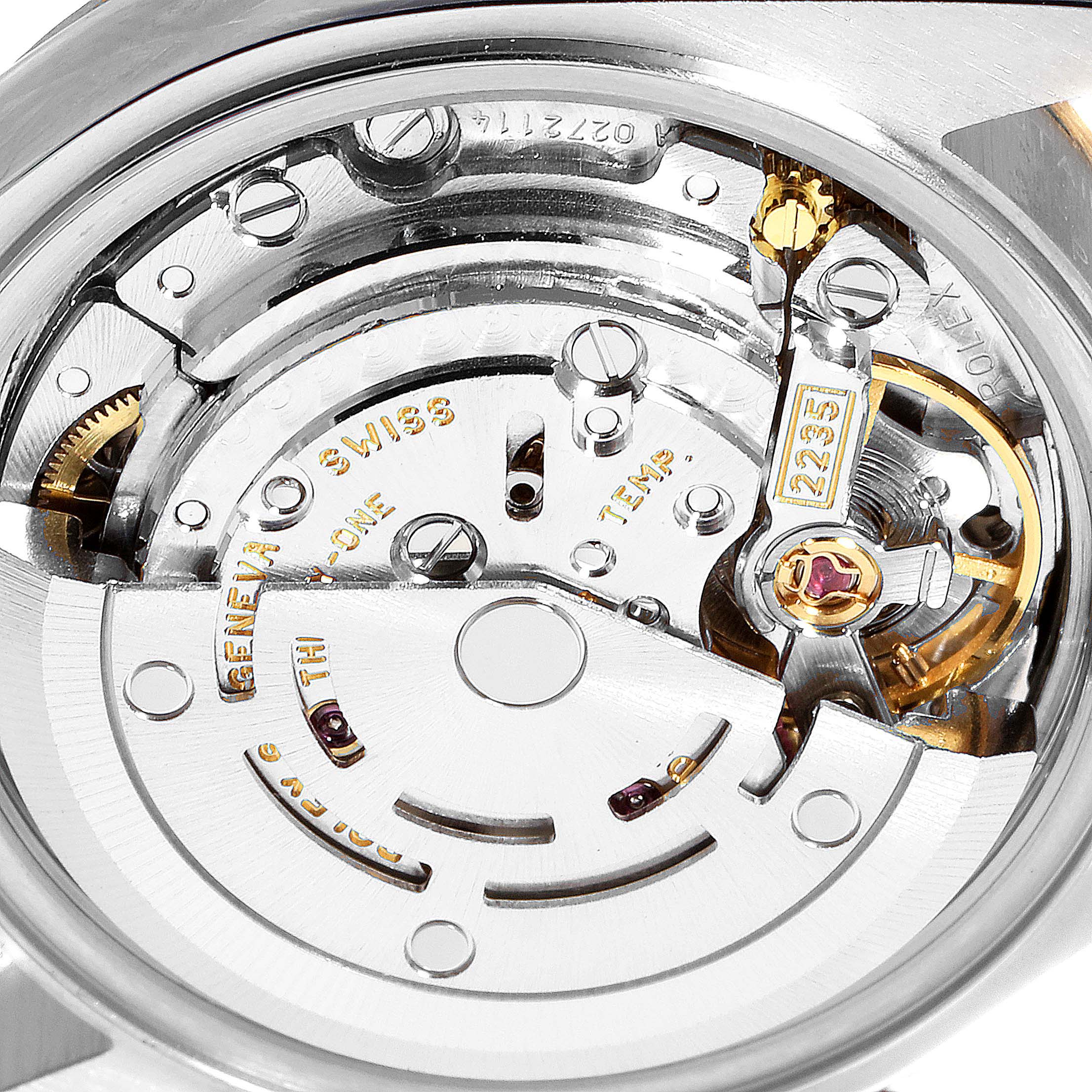 This image shows the internal mechanism of a Rolex Datejust 79173 Women
s Steel and Gold (two tone) White Dial 79173 Women
s Steel and Gold (two tone) White Dial watch from a close-up, top-down angle.