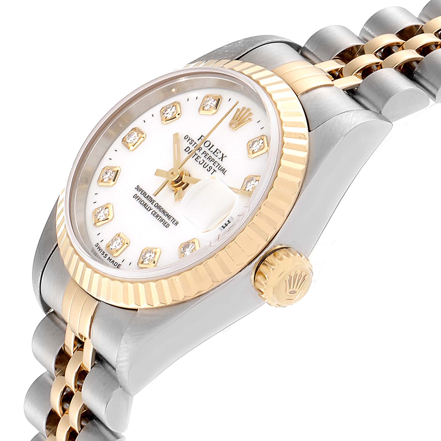 The image shows a side angle of the Rolex Datejust 79173 Women
s Steel and Gold (two tone) White Dial 79173 Women
s Steel and Gold (two tone) White Dial watch, featuring the crown, two-tone bracelet, bezel, and part of the dial.