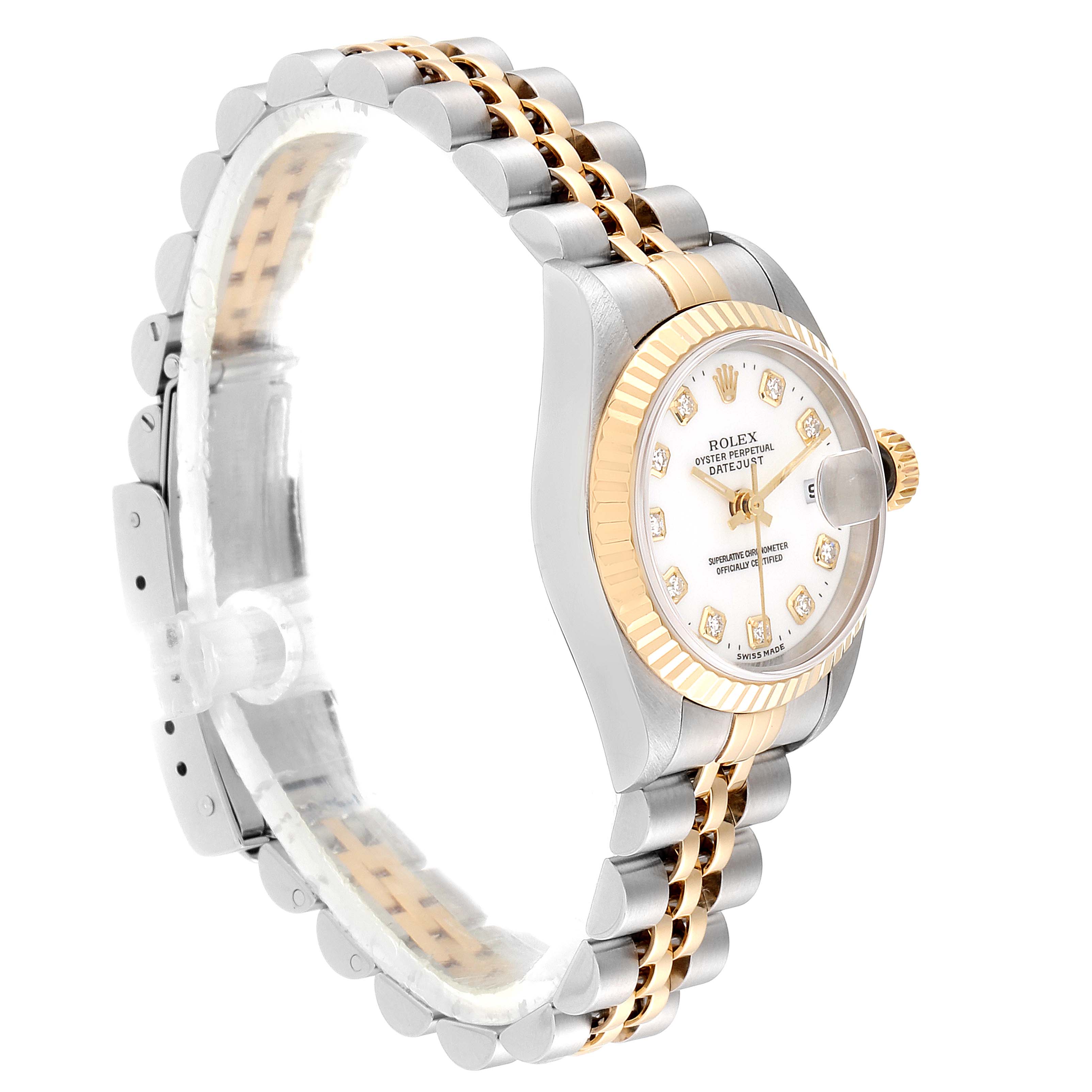 The Rolex Datejust 79173 Women
s Steel and Gold (two tone) White Dial 79173 Women
s Steel and Gold (two tone) White Dial watch is shown from a side angle, highlighting its bezel, crown, dial, and two-tone bracelet.