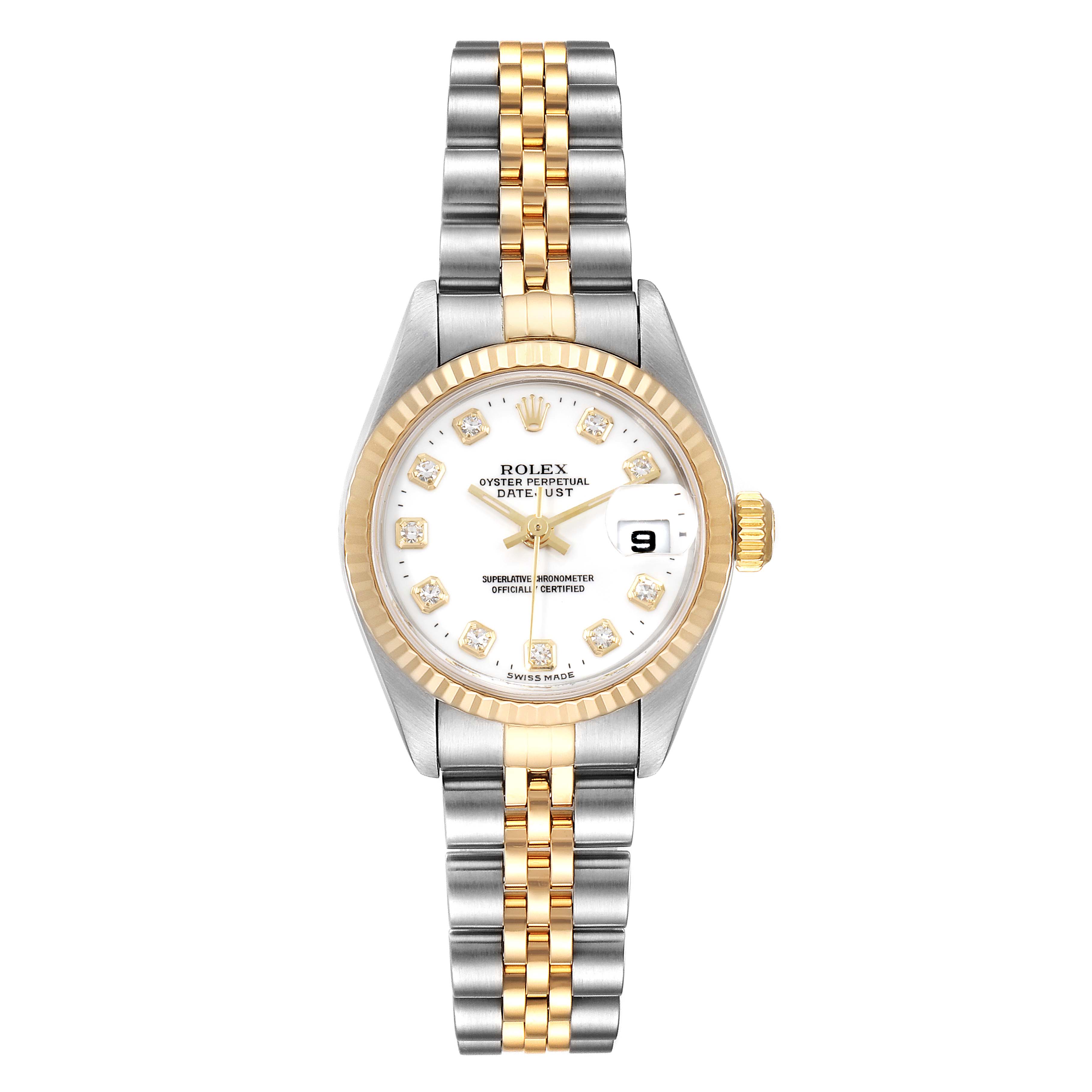 The image shows a front view of a Rolex Datejust 79173 Women
s Steel and Gold (two tone) White Dial 79173 Women
s Steel and Gold (two tone) White Dial watch, showcasing its dial, bezel, and two-tone bracelet.