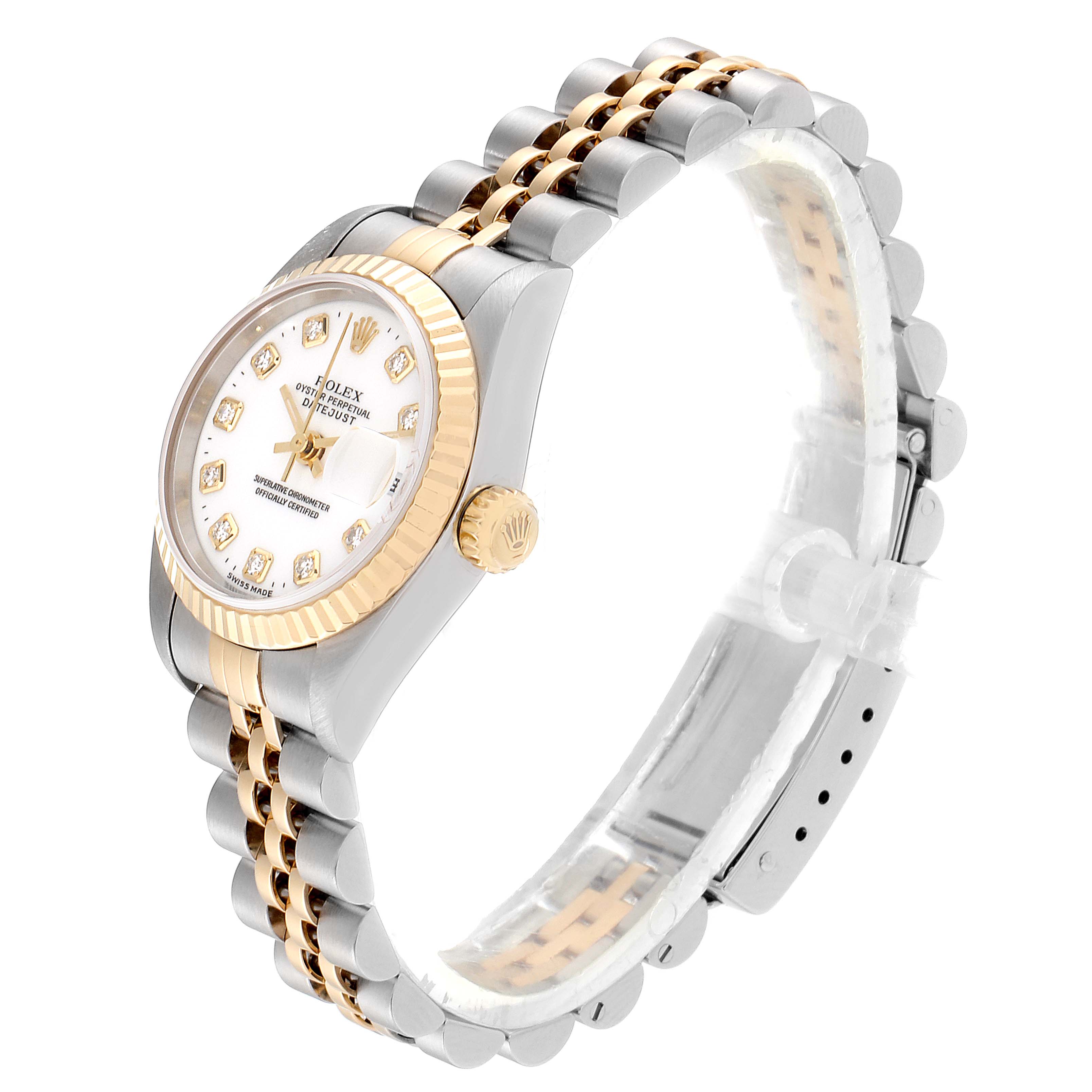 The Rolex Datejust 79173 Women
s Steel and Gold (two tone) White Dial 79173 Women
s Steel and Gold (two tone) White Dial watch is shown at a 3/4 angle, highlighting the dial, crown, bezel, and bracelet.