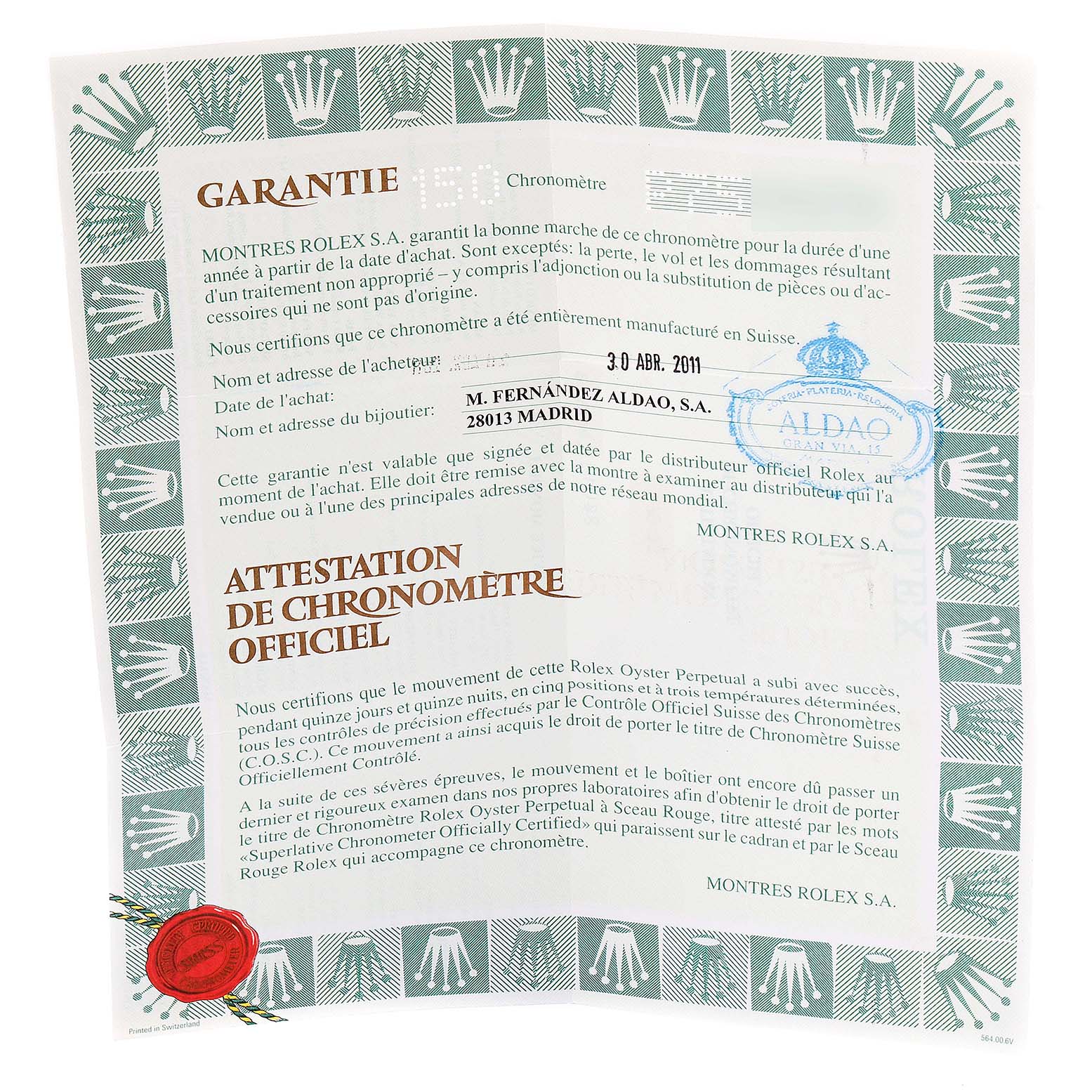 The image shows the warranty certificate for a Rolex Datejust 79173 Women
s Steel and Gold (two tone) White Dial 79173 Women
s Steel and Gold (two tone) White Dial model, displaying official text and validation stamps.