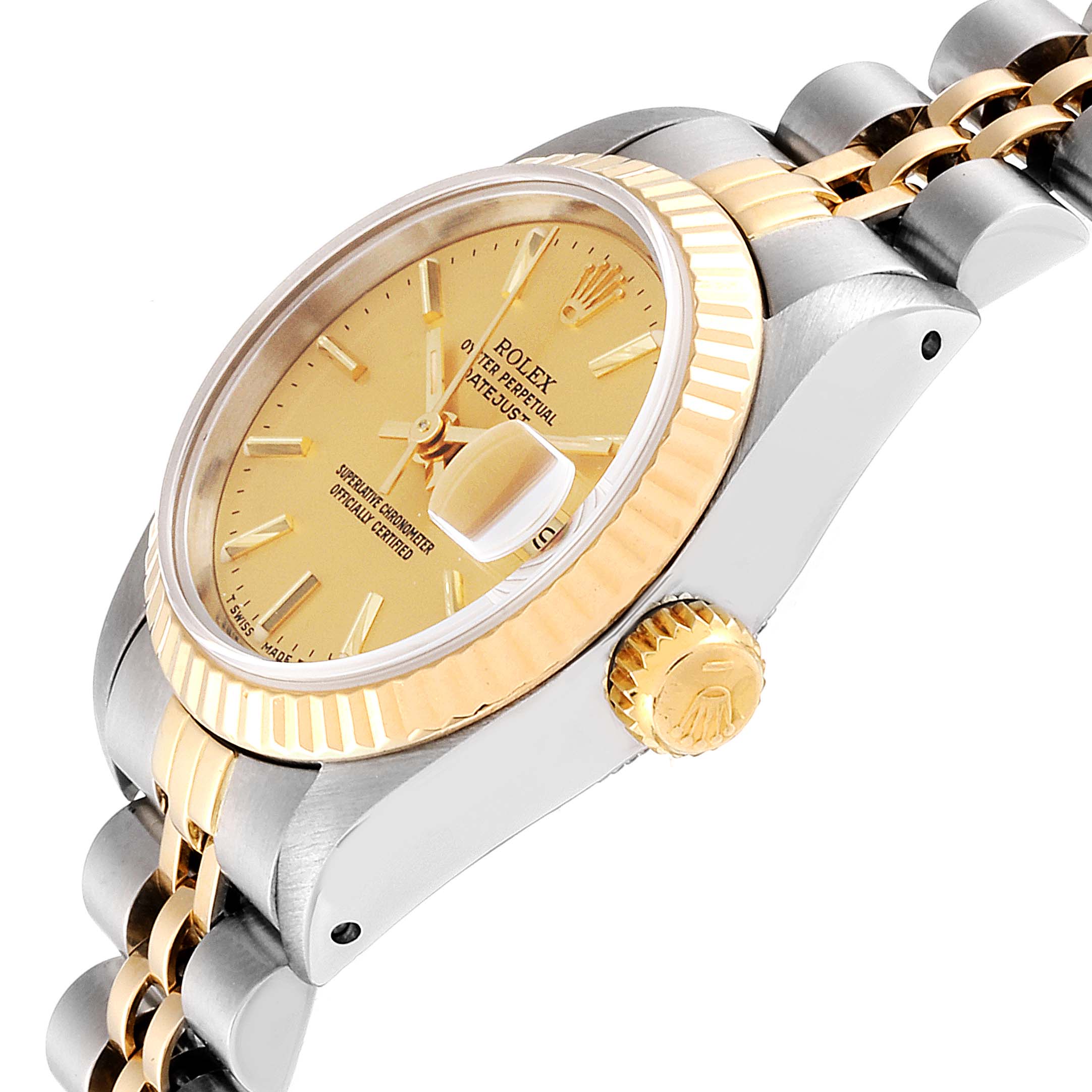 The image shows a close-up side angle of a Rolex Datejust 69173 Women's Steel and Gold (two tone) Champagne Dial 69173 Women's Steel and Gold (two tone) Champagne Dial watch, highlighting the crown, bezel, and part of the bracelet.