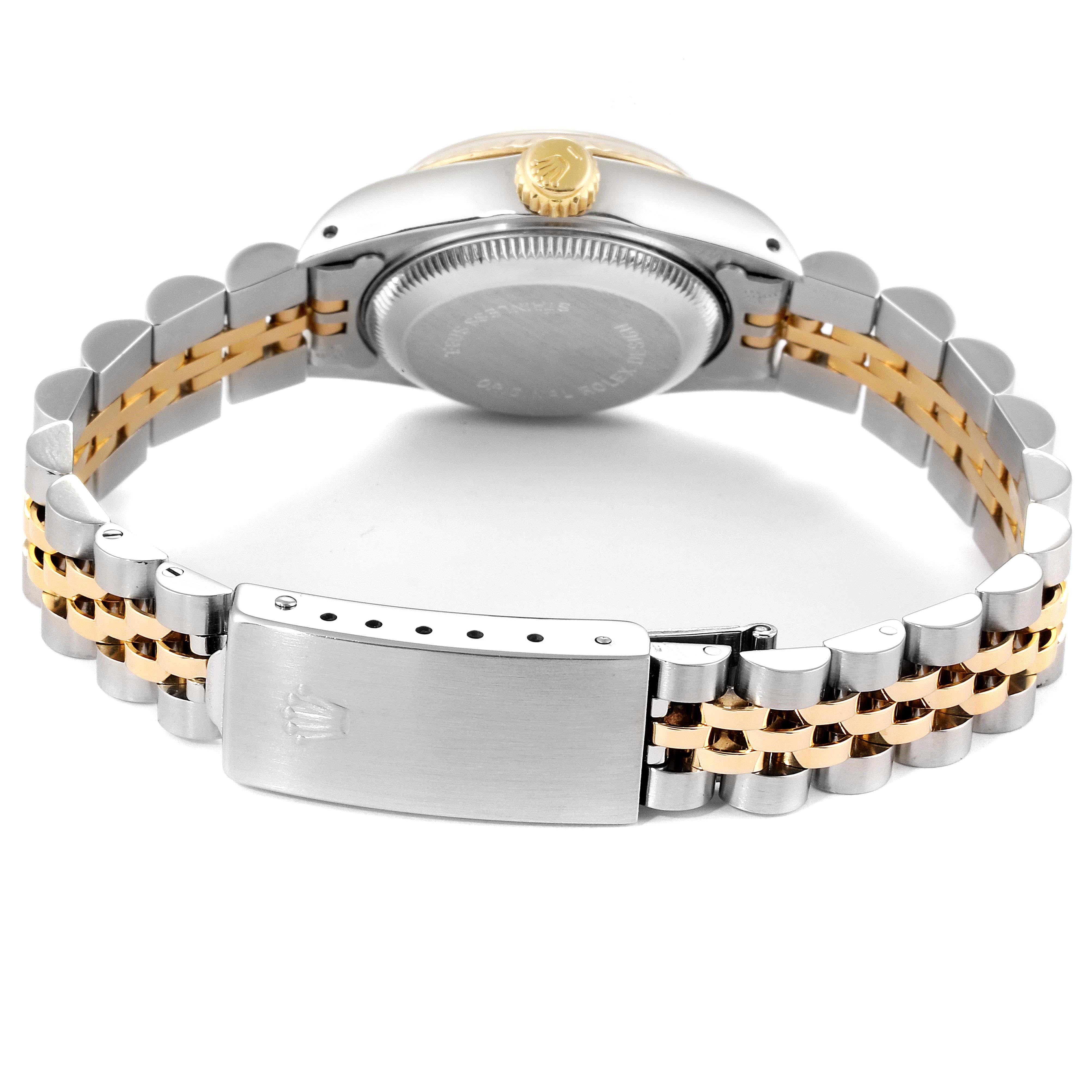 This image shows the back view of a Rolex Datejust 69173 Women's Steel and Gold (two tone) Champagne Dial 69173 Women's Steel and Gold (two tone) Champagne Dial watch, highlighting the clasp, bracelet, and case back.