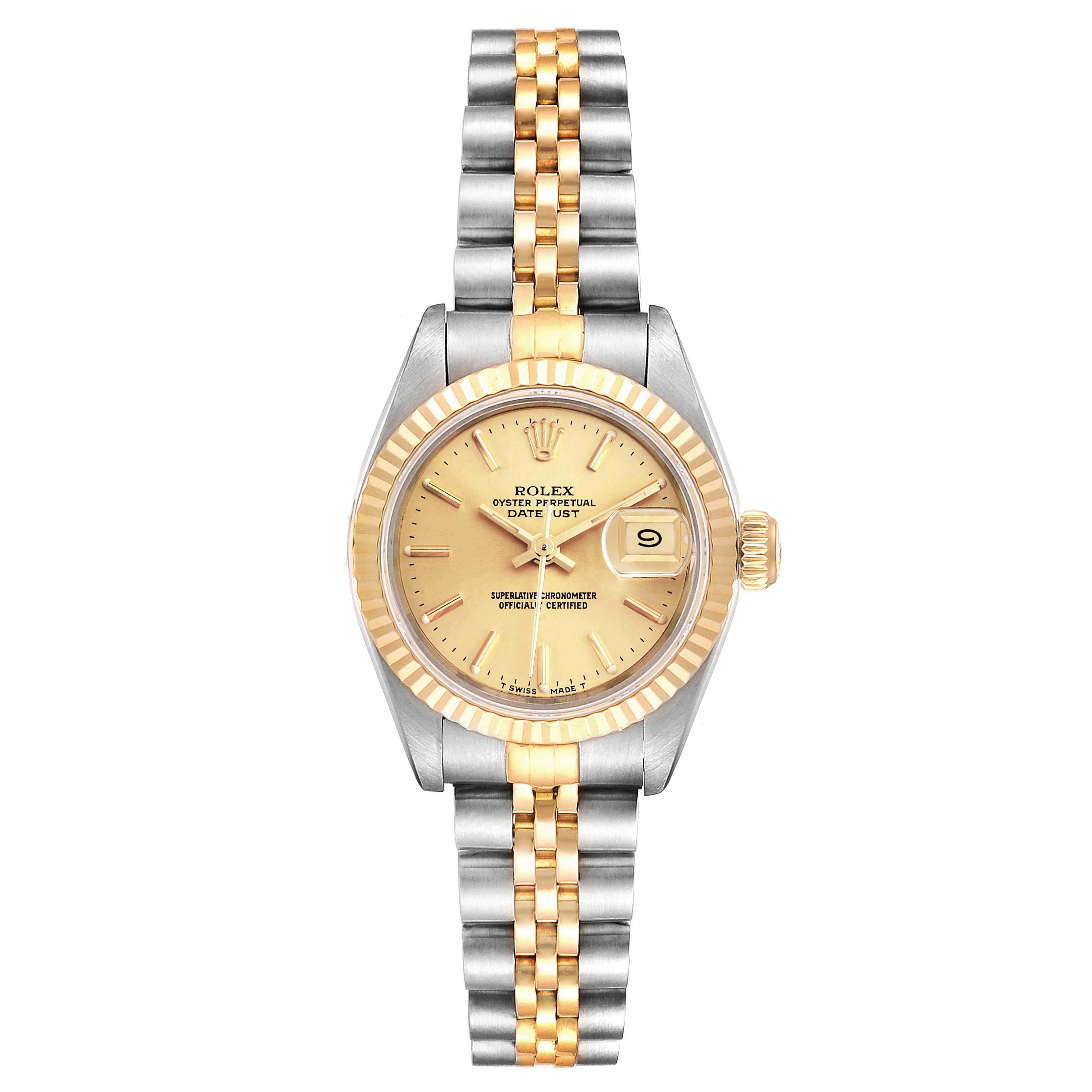 The image shows a Rolex Datejust 69173 Women's Steel and Gold (two tone) Champagne Dial 69173 Women's Steel and Gold (two tone) Champagne Dial watch from a frontal angle, highlighting its dial, bezel, and two-tone bracelet.