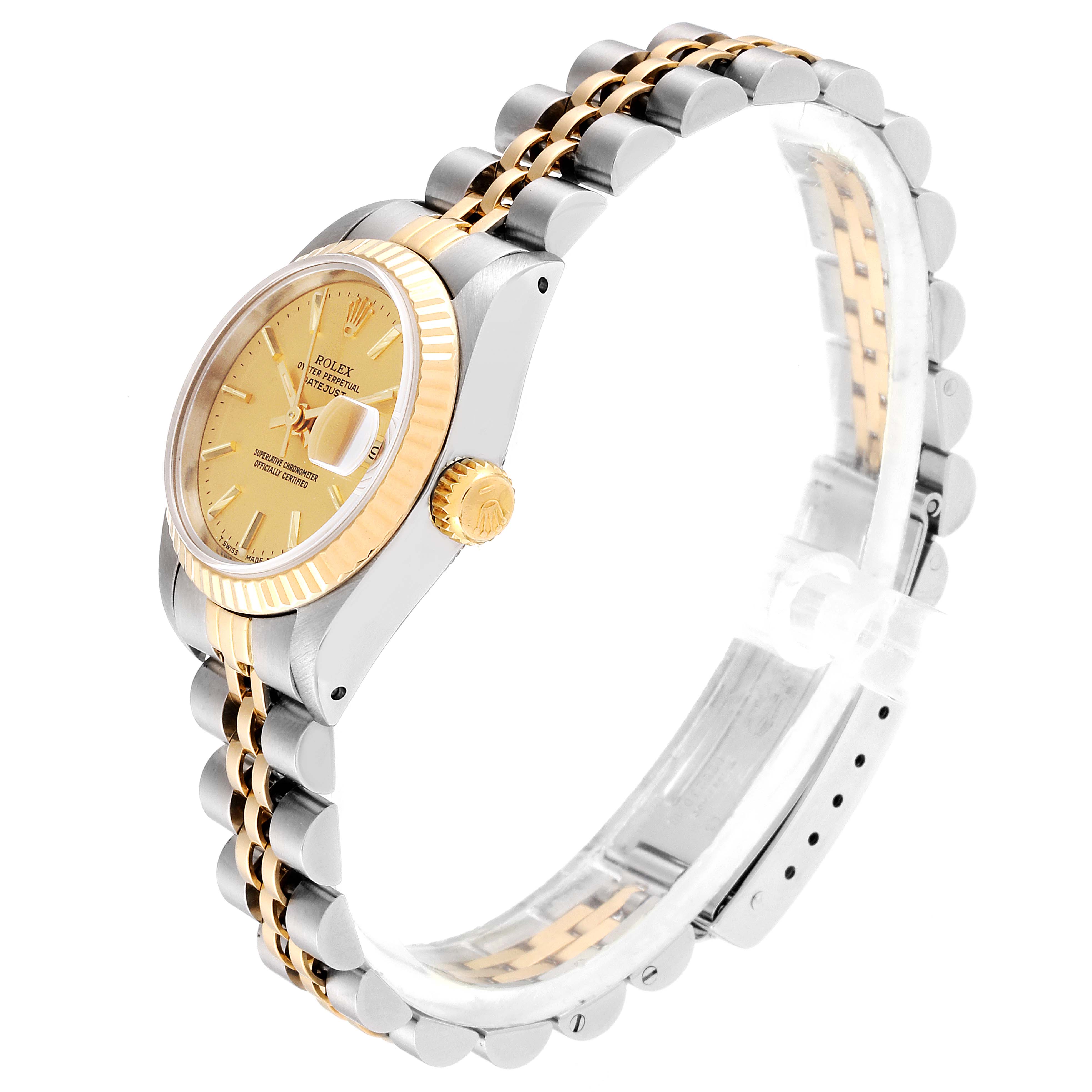 This Rolex Datejust 69173 Women's Steel and Gold (two tone) Champagne Dial 69173 Women's Steel and Gold (two tone) Champagne Dial watch is shown from a side angle, highlighting the gold crown, fluted bezel, and two-tone bracelet.