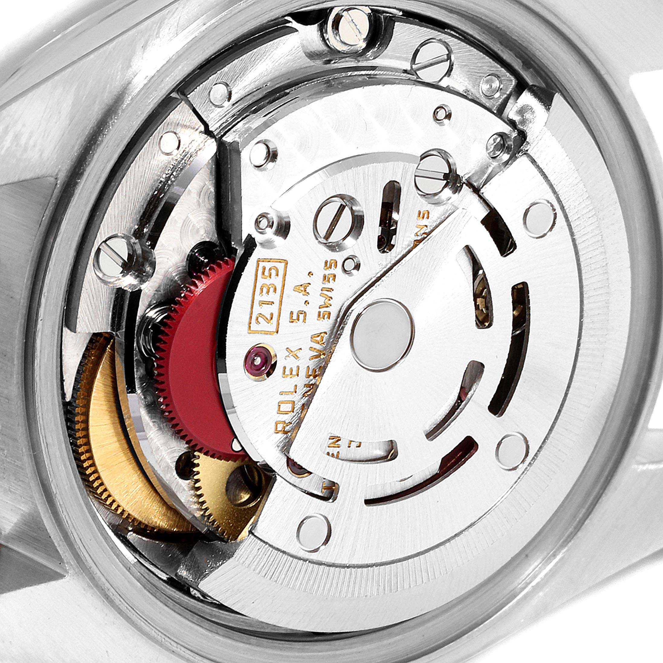 The image shows a close-up view of the movement components inside a Rolex Datejust 69173 Women's Steel and Gold (two tone) Champagne Dial 69173 Women's Steel and Gold (two tone) Champagne Dial watch, including gears and the oscillating weight.
